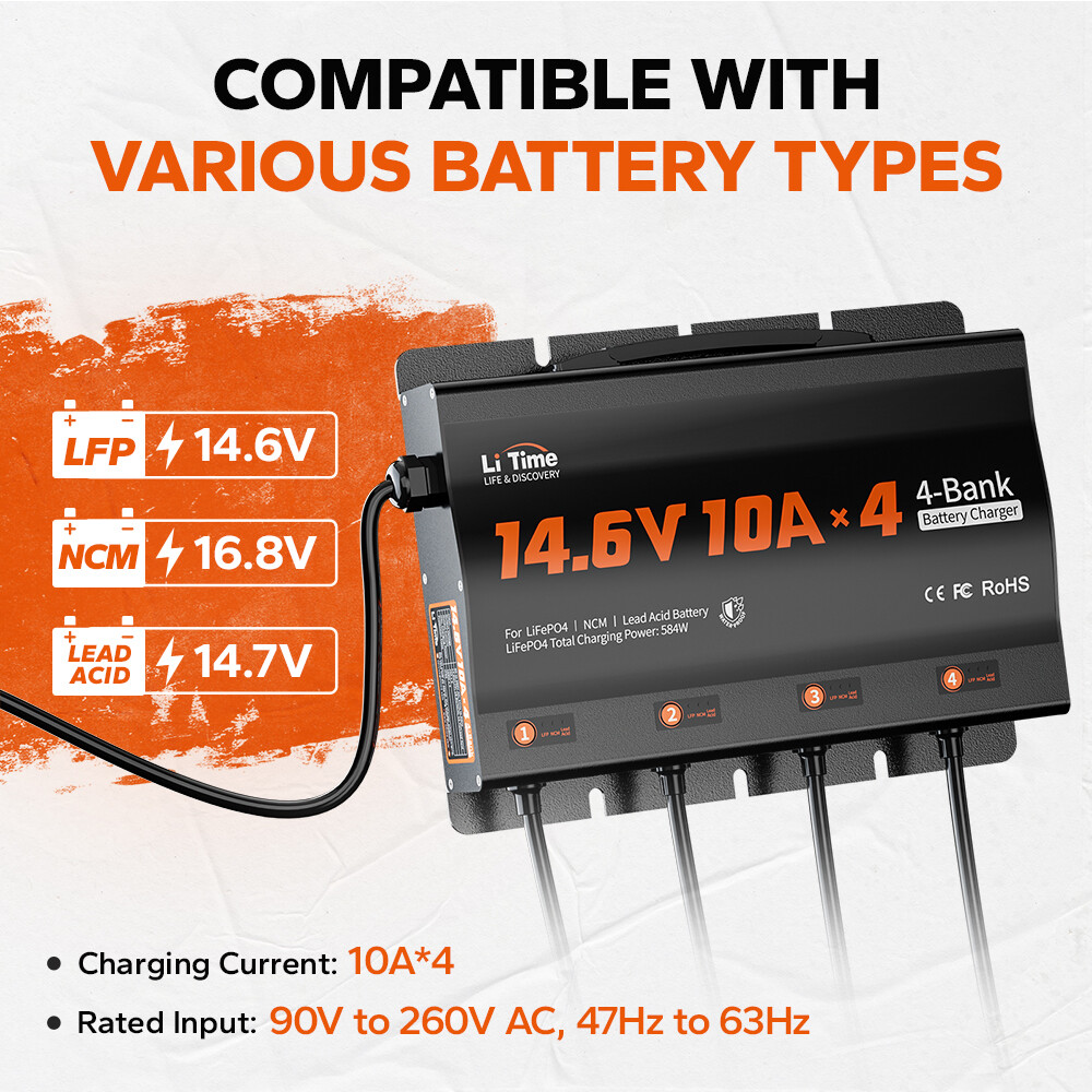 LiTime 14.6V 10A* 4 Bank Smart Battery Charger for Lithium LiFePO4 Lead Acid NCM