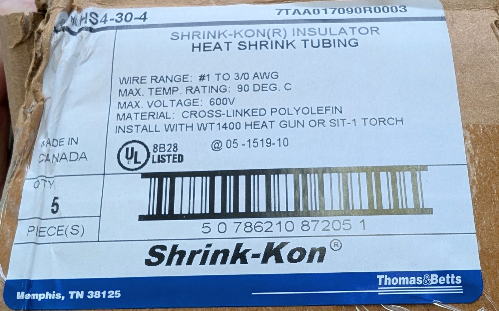 Thomas & Betts HS4-30-4 Heat Shrink Tubing 4' L 1.1" ID 3:1 Ratio 1-3/0 AWG 5 PK