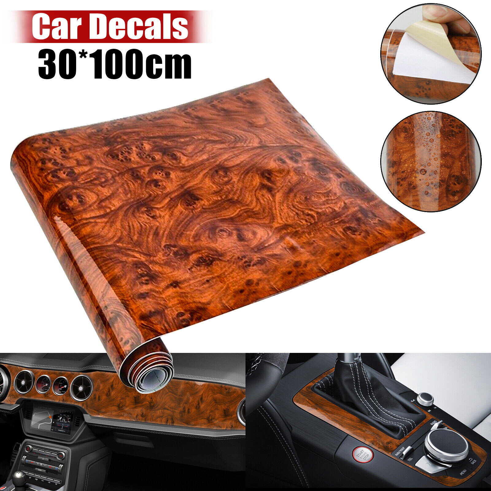 Car Interior Wood Grain Textured Glossy Vinyl Wrap Sticker DIY Decal Sheet Film