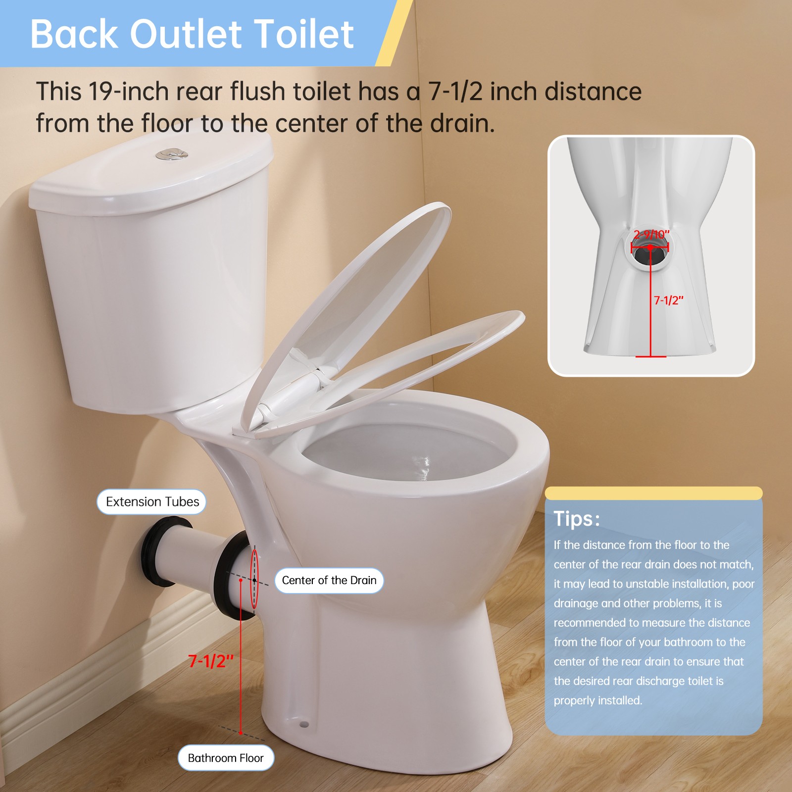 19 Inch Tall Toilet Rear Discharge Toilet with Dual Flush 1/1.6GPF for Seniors