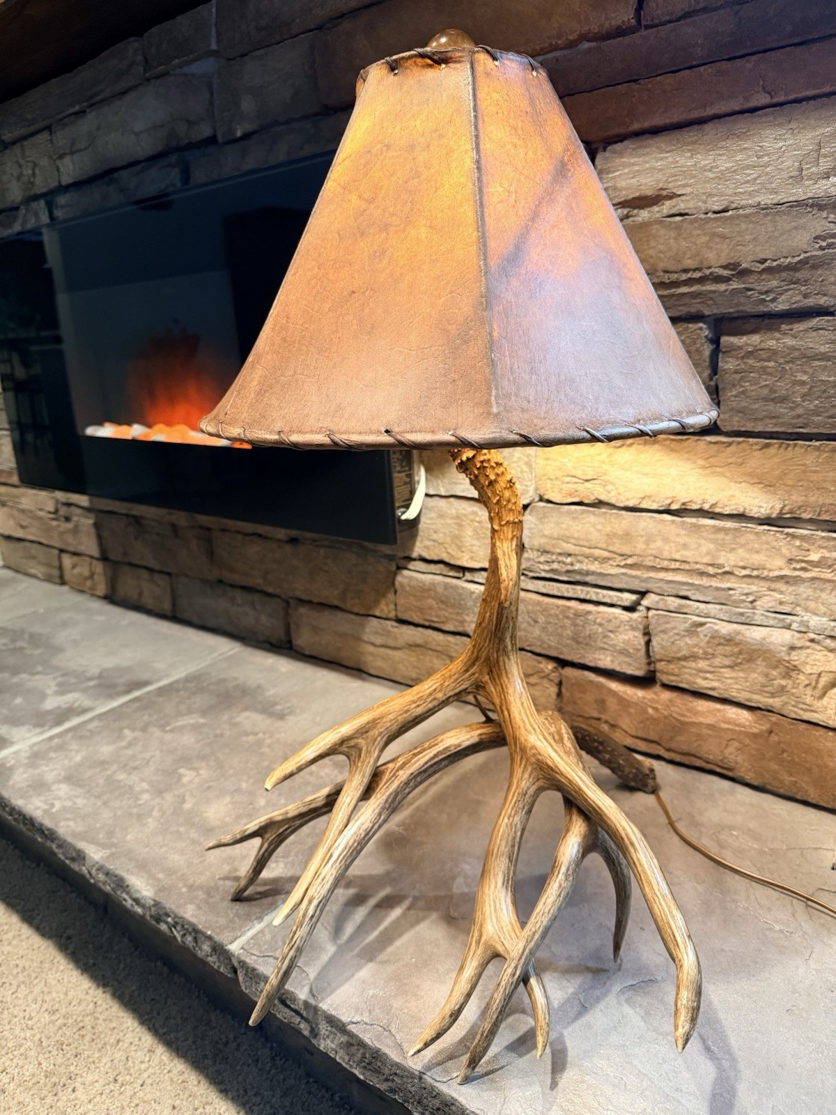 27” Large Trophy 5 Point Antler Mule Deer Vintage Lamp, Rawhide Shade