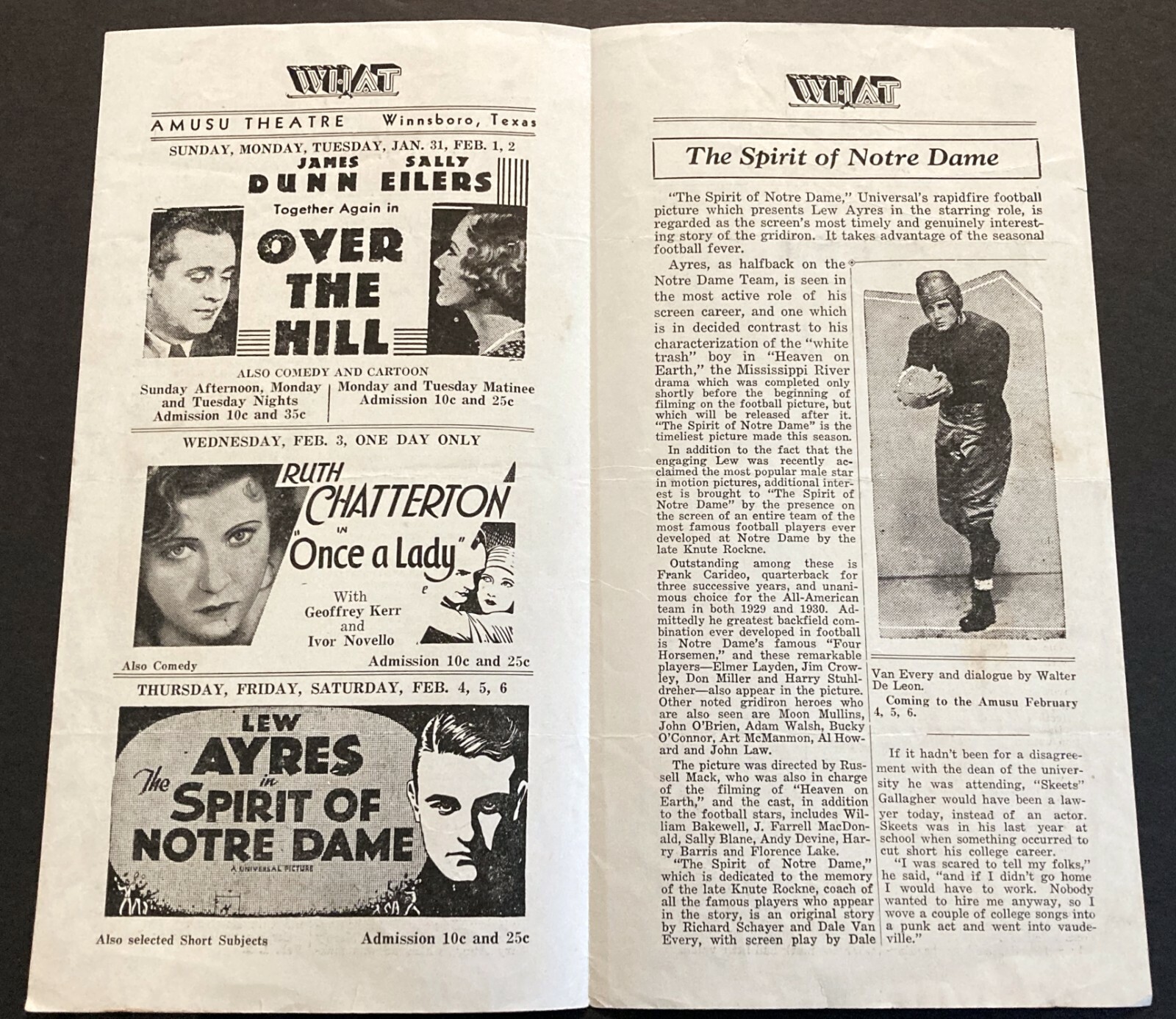 1932 "SPIRIT OF NOTRE DAME" TEXAS MOVIE THEATRE NEWSLETTER - FOOTBALL