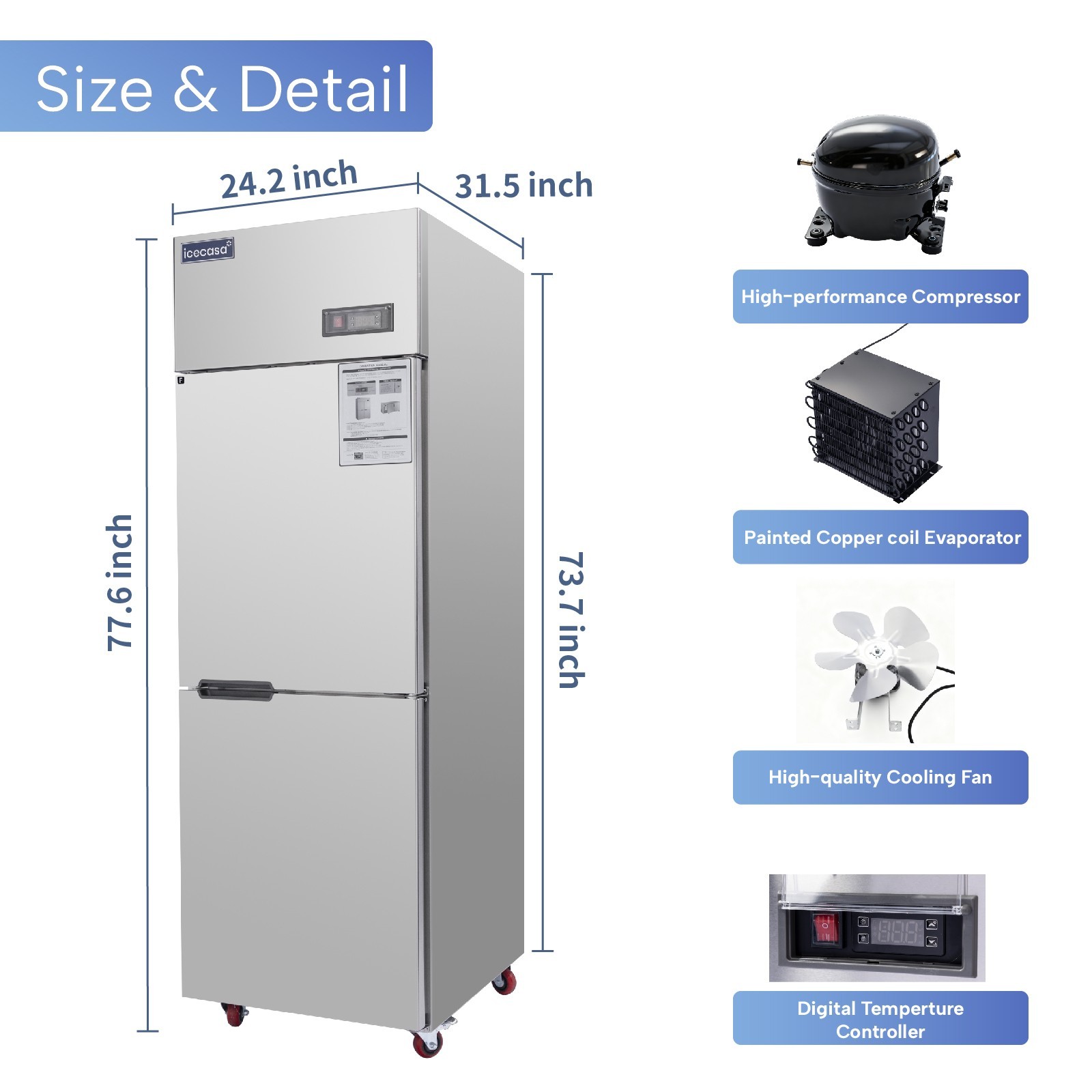 ICECASA 24" Commercial Reach In Freezer Split Door 15 Cu.ft Stainless Steel