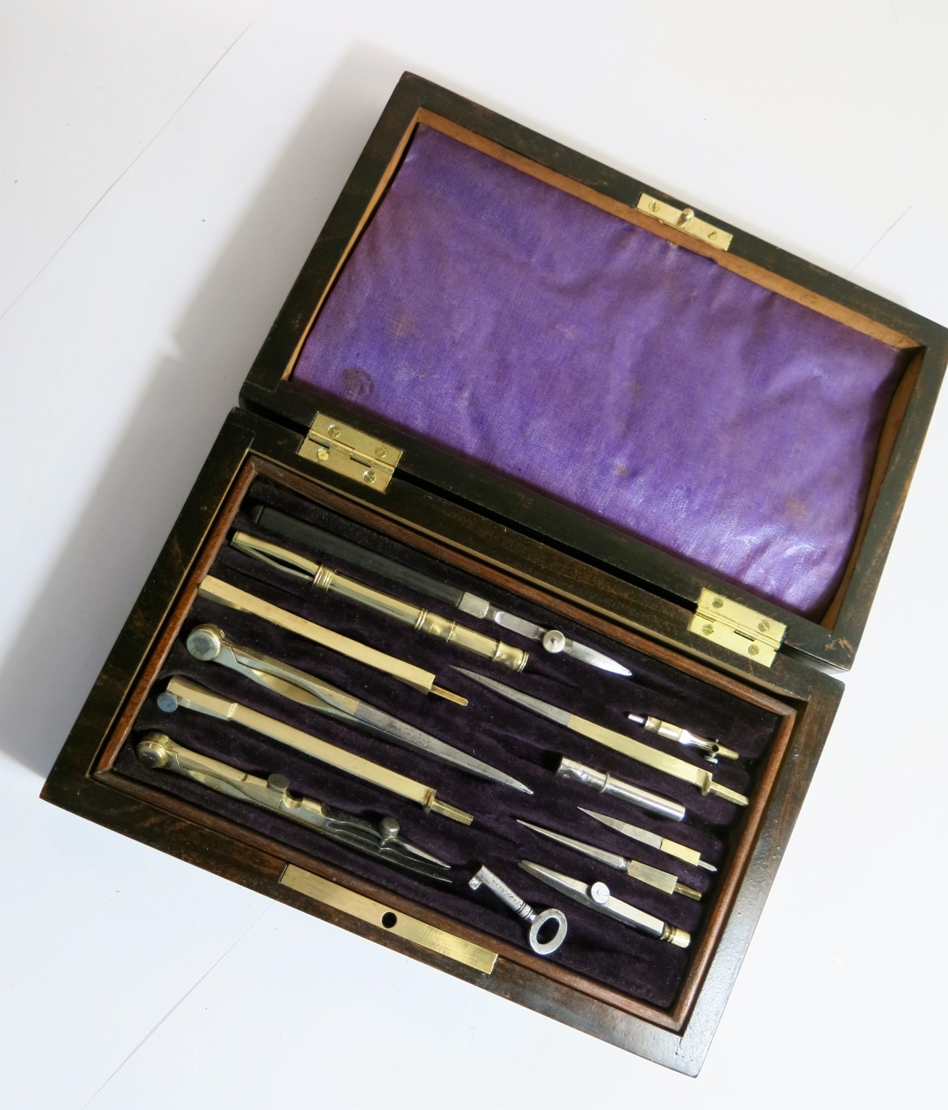 Antique late 1800s Drafting Set in Refinished Wooden Box with Lock and Key