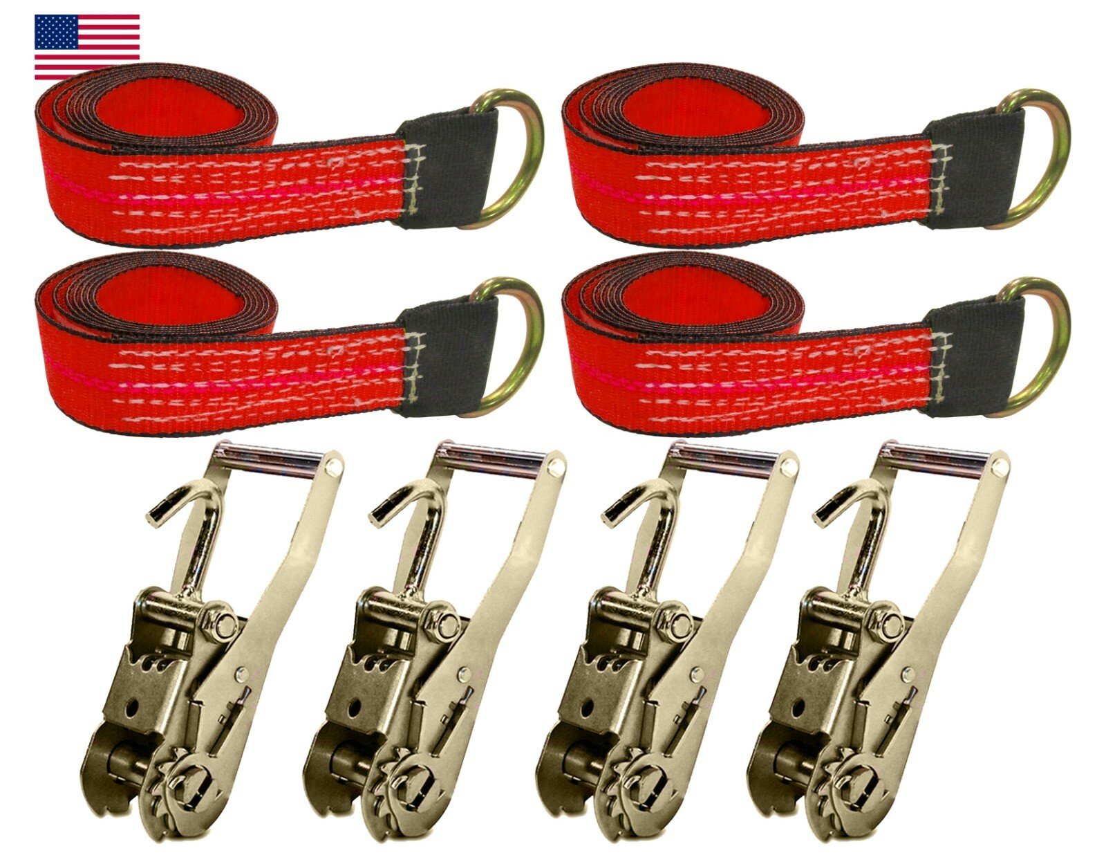 Red Wheel Lift Lasso Straps Ratchet J Finger Hook Tie Down Trailer - 4 Pack USA
