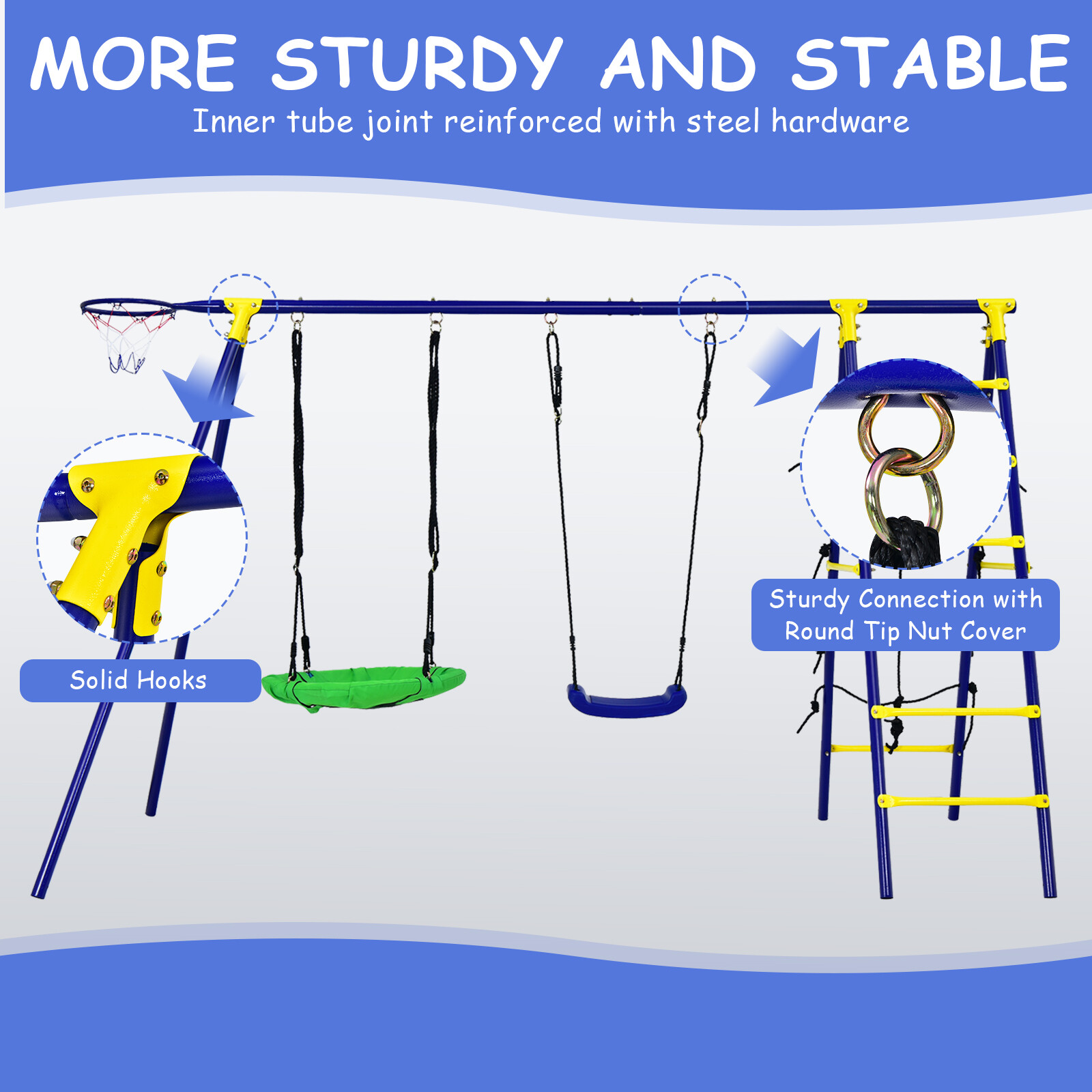 5-In-1 Outdoor Kids Swing Set W/ Heavy Duty Swing Frame & Ground Stakes Backyard