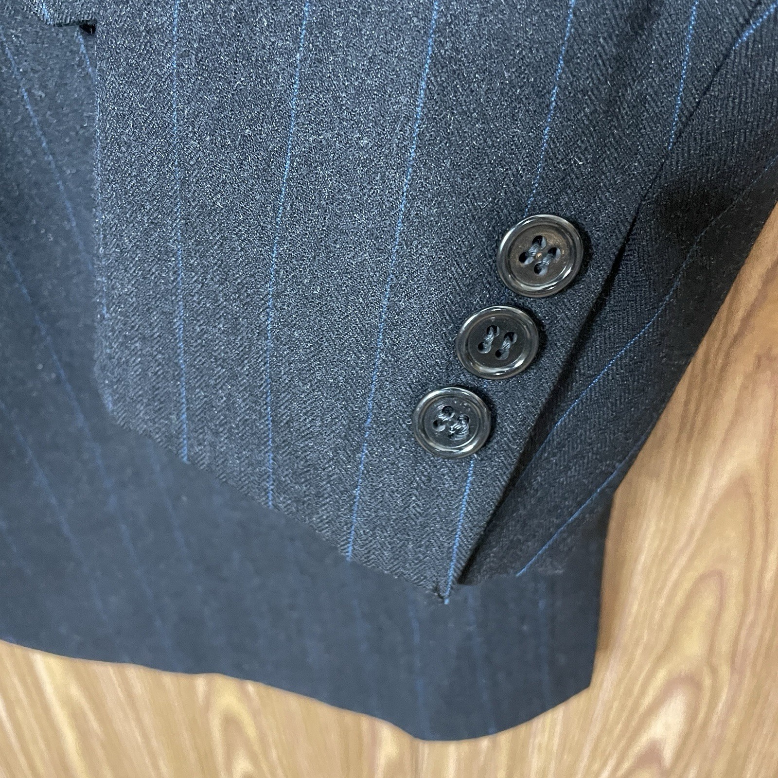 Paul Cicchini Bespoke 2 Piece Suit Mens 46XL 38x33 Black Blue Striped Wool USA