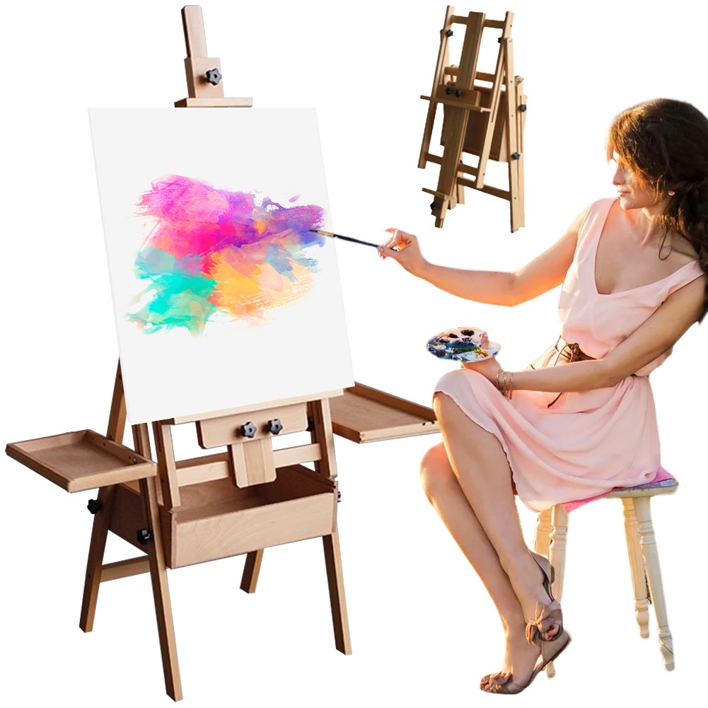 Large Wood H-Frame Easel with Storage Drawer and Palette, Foldable Art Painting
