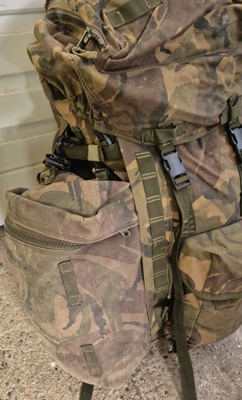 GENUINE BRITISH ARMY BERGEN RUCKSACK DPM LONG BACK 120L SIDE POUCHES +YOKE 1995
