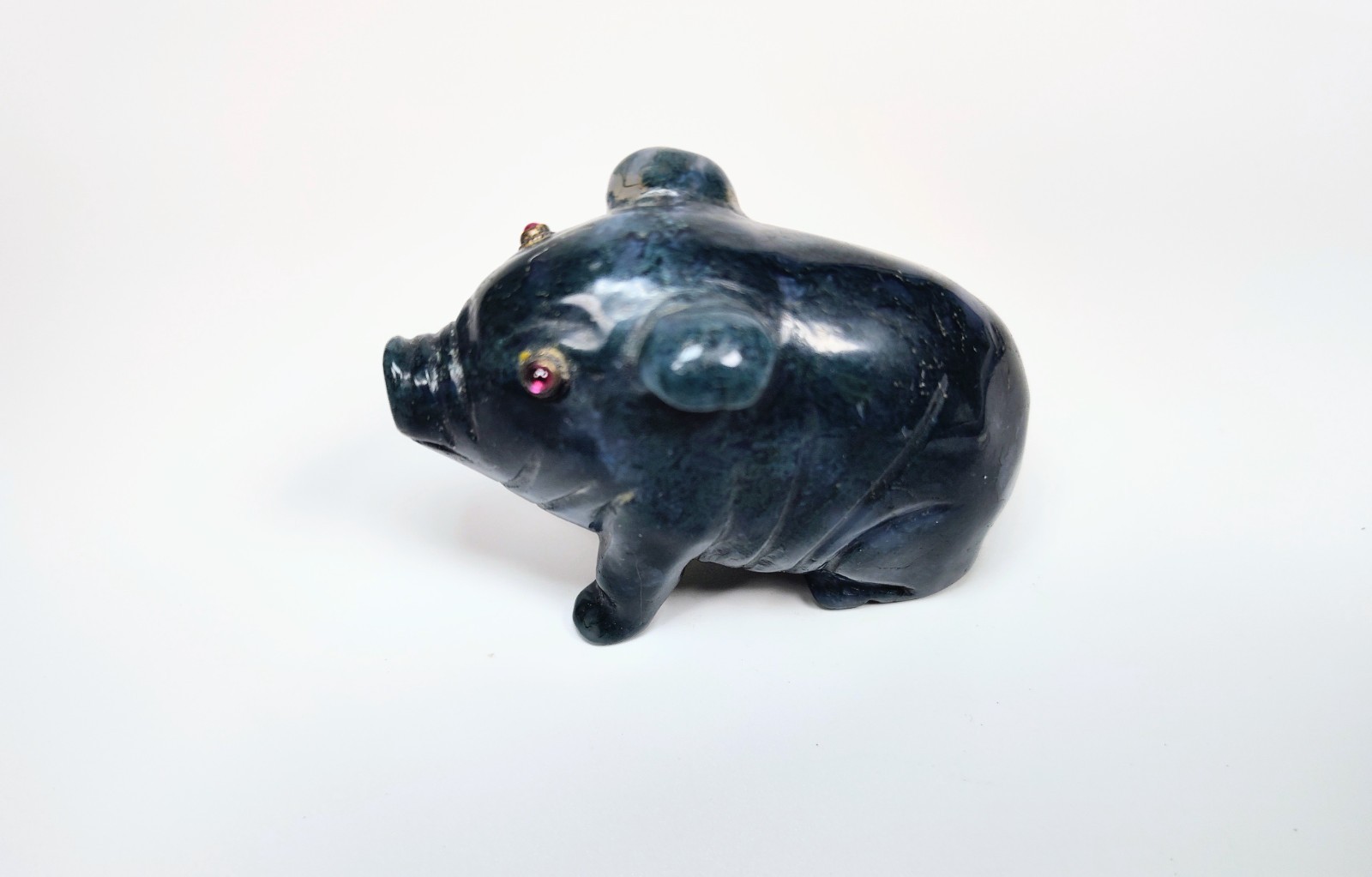Antique 1920s Hand-Carved Blue-Green Aventurine Pig with Bezel-Set Garnet Eyes