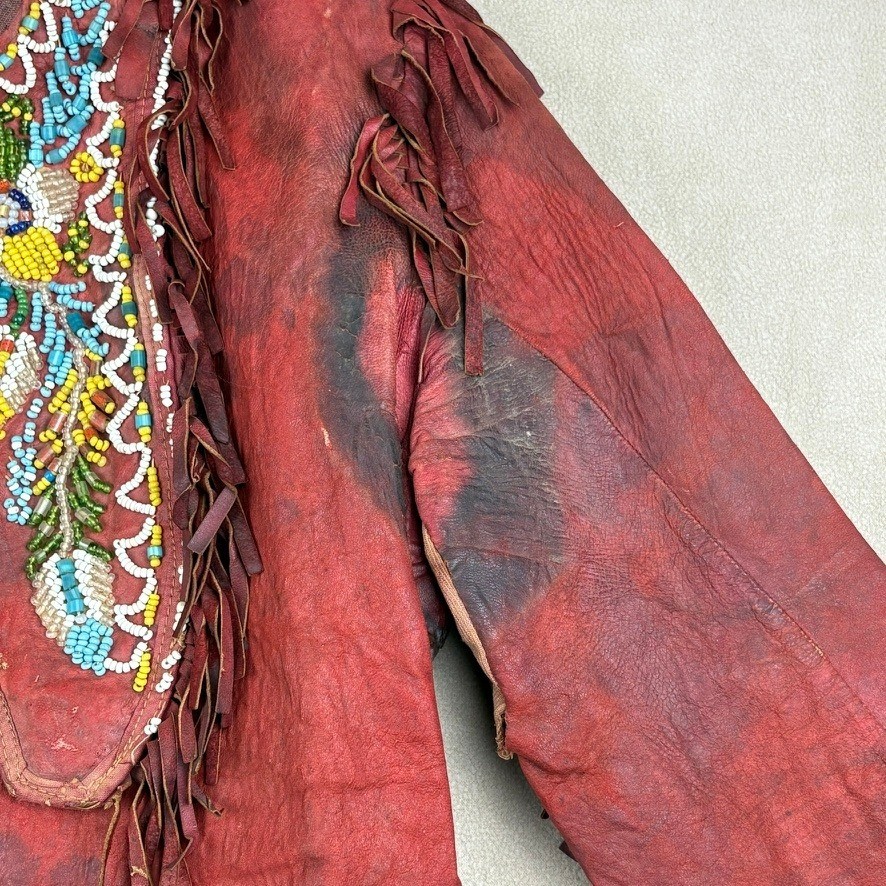 1880 - 1920 Handmade Red Leather Beaded Ceremonial Coat Native American Western