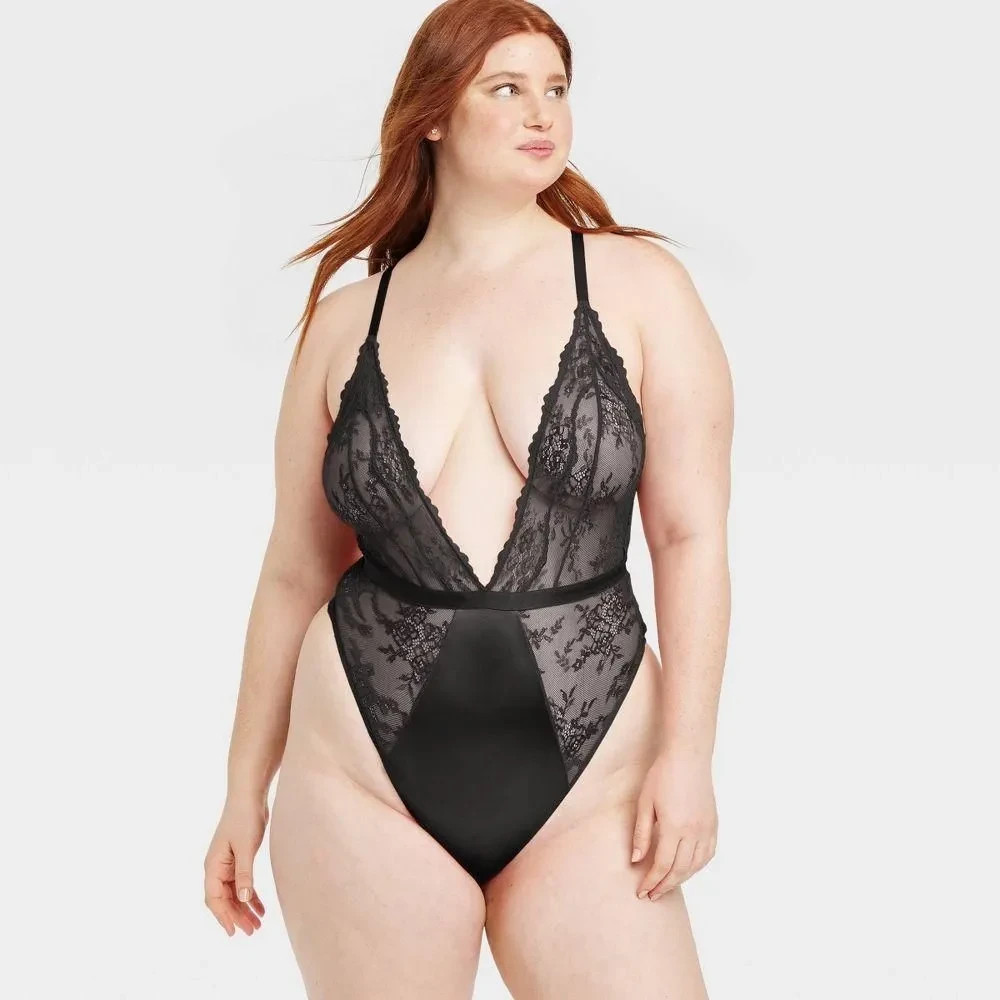 Auden Women's Unlined Lace Lingerie Bodysuit Black Size Large