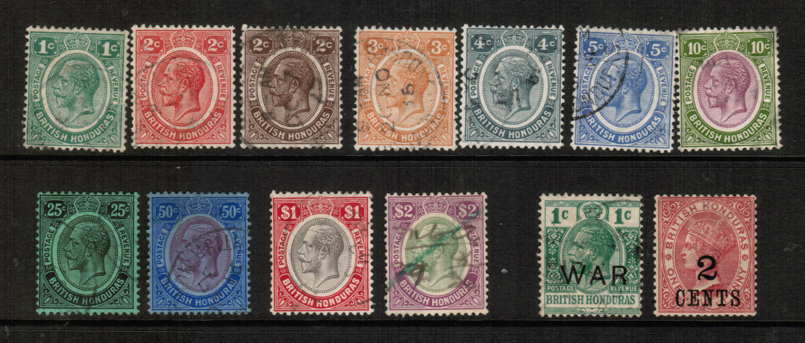 British Honduras, KGV1922. SC#28, 92-102. Used, SCV$70. Rare!!