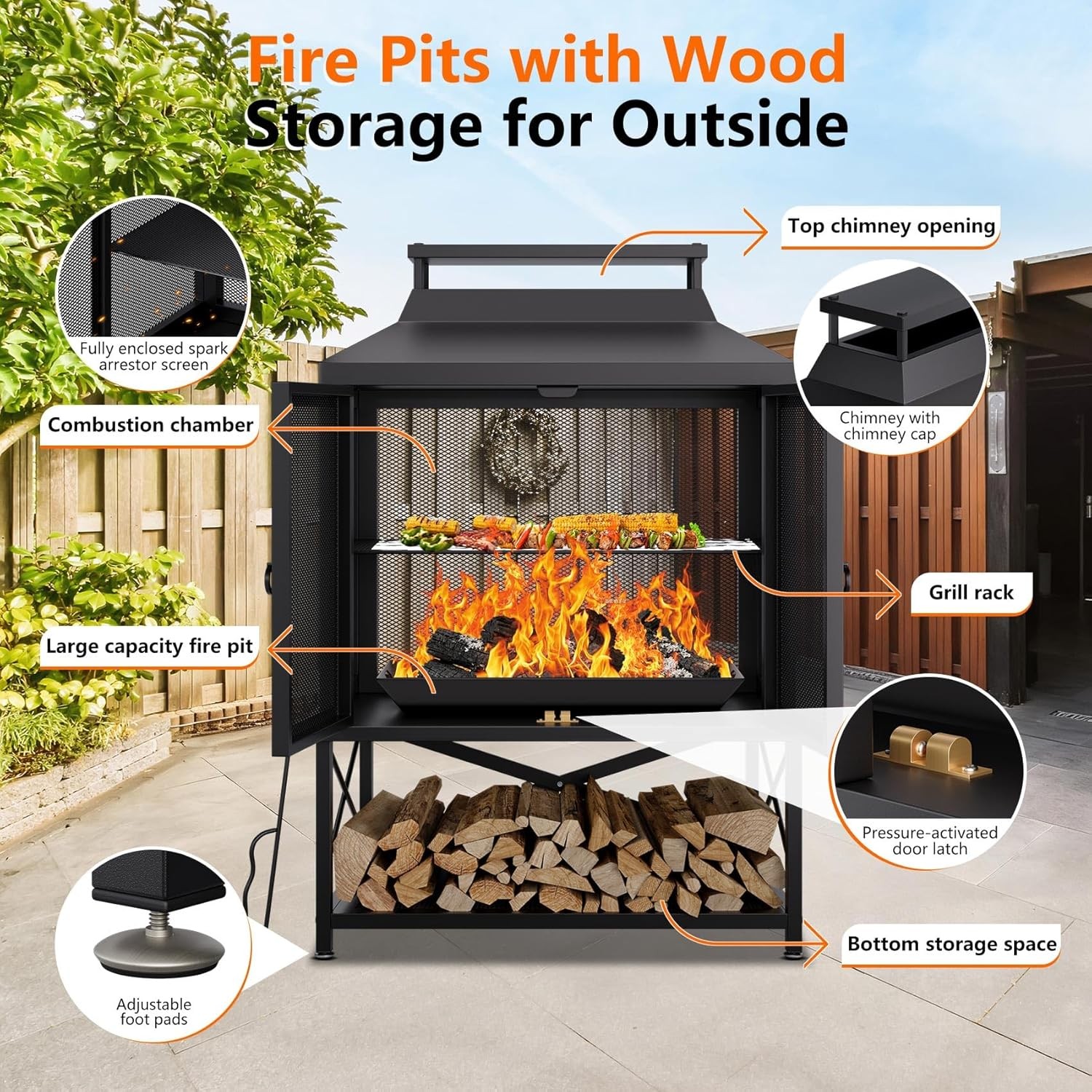 2-in-1 Metal Chiminea Fireplace with Grill with Wood Storage & Chimney for Yards