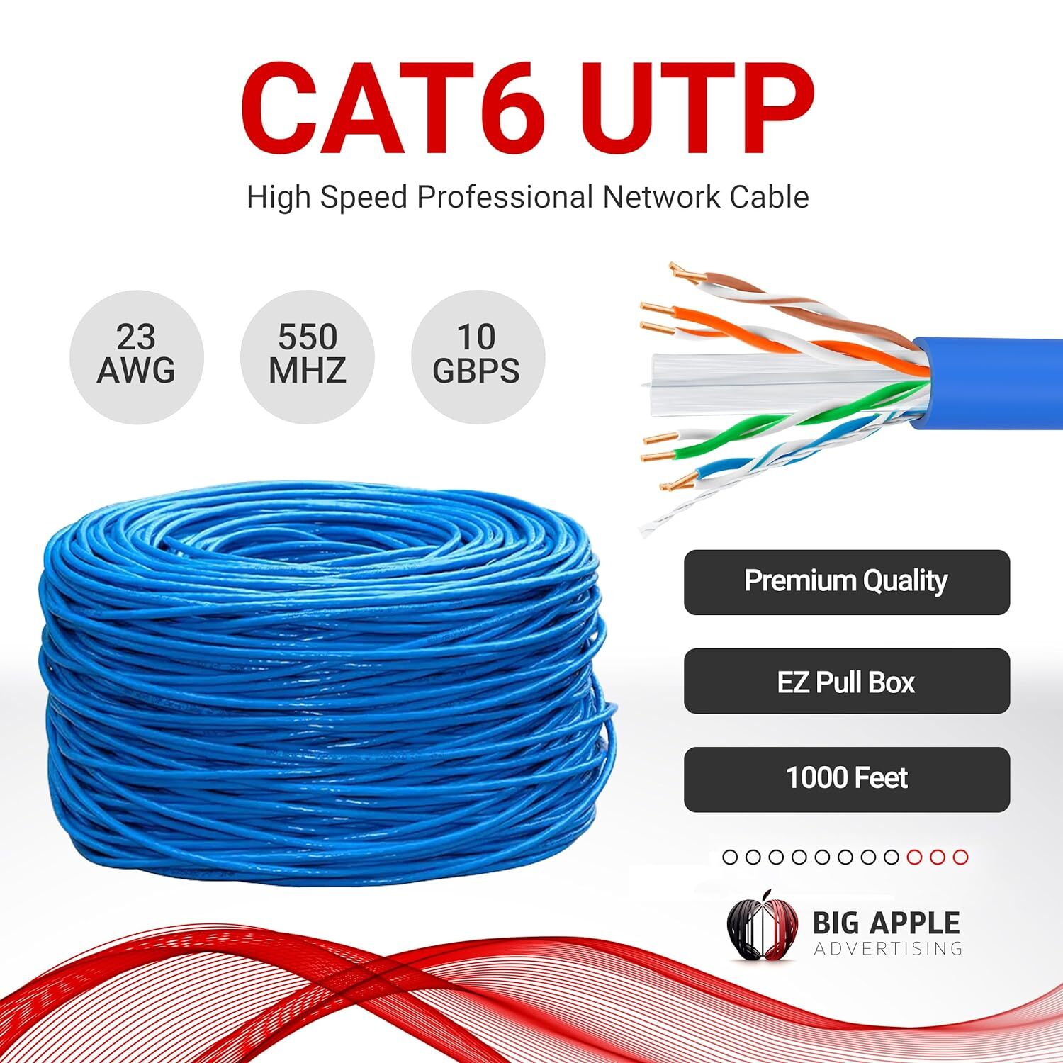 Cat6 Cable 1000ft 23AWG Solid 4 Pair Bulk Cat 6 Ethernet Cable (UTP CMR) 550MHz