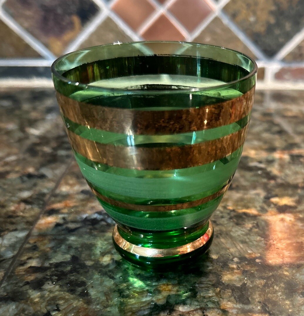 Borske Sklo Gold Banded Green Glass Decanter Mid Century Genie Jeannie Bottle