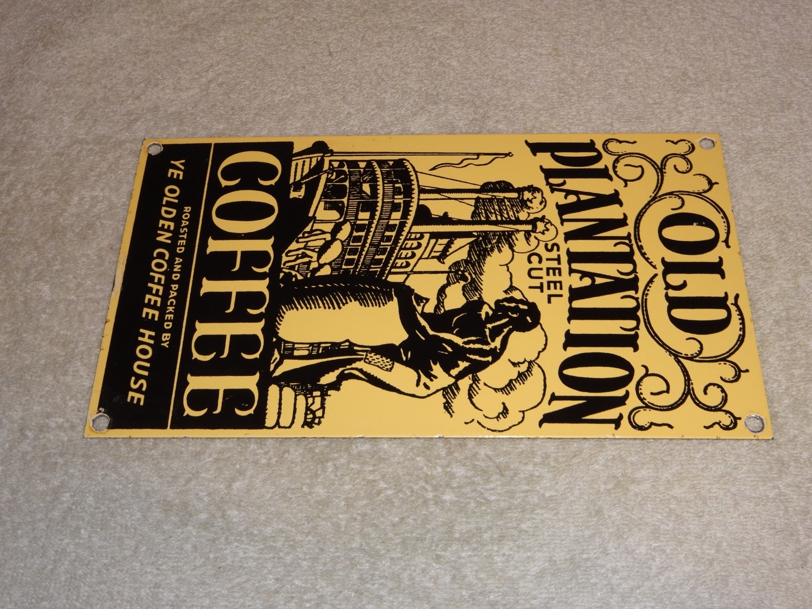 VINTAGE OLD PLANTATION COFFEE W/ PADDLE BOAT 10.5" PORCELAIN METAL GASOLINE SIGN