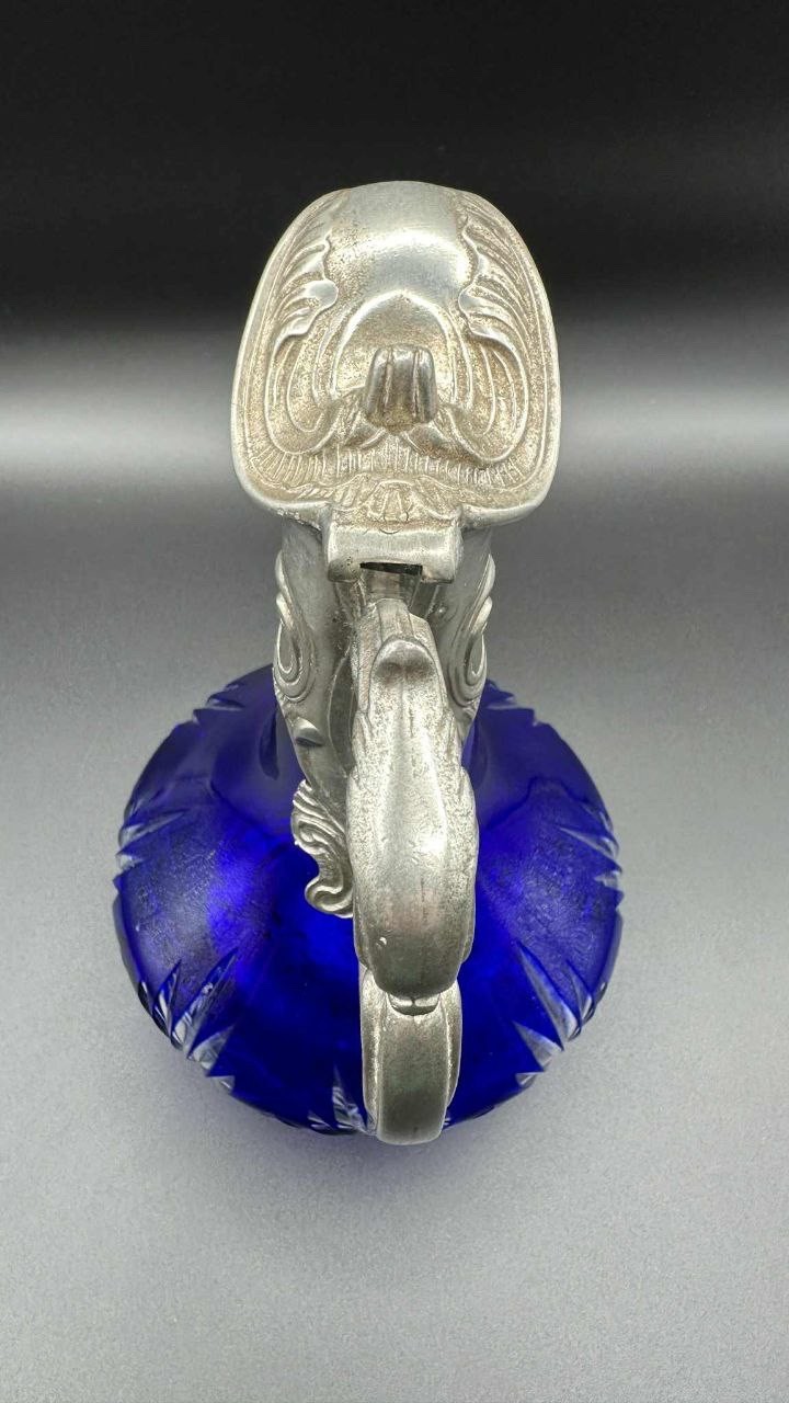 Antique Bohemian Cobalt Cut Glass Pitcher Pewter Mounted Art Nouveau 8.75”