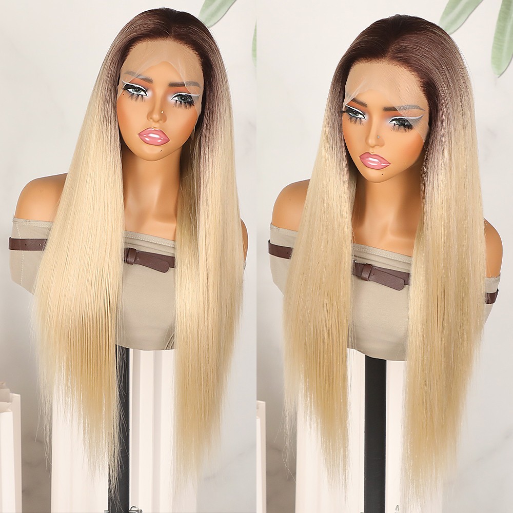 Ombre Brown Blonde Synthetic Lace Front Wigs Long Straight Hair Heat Safe Women