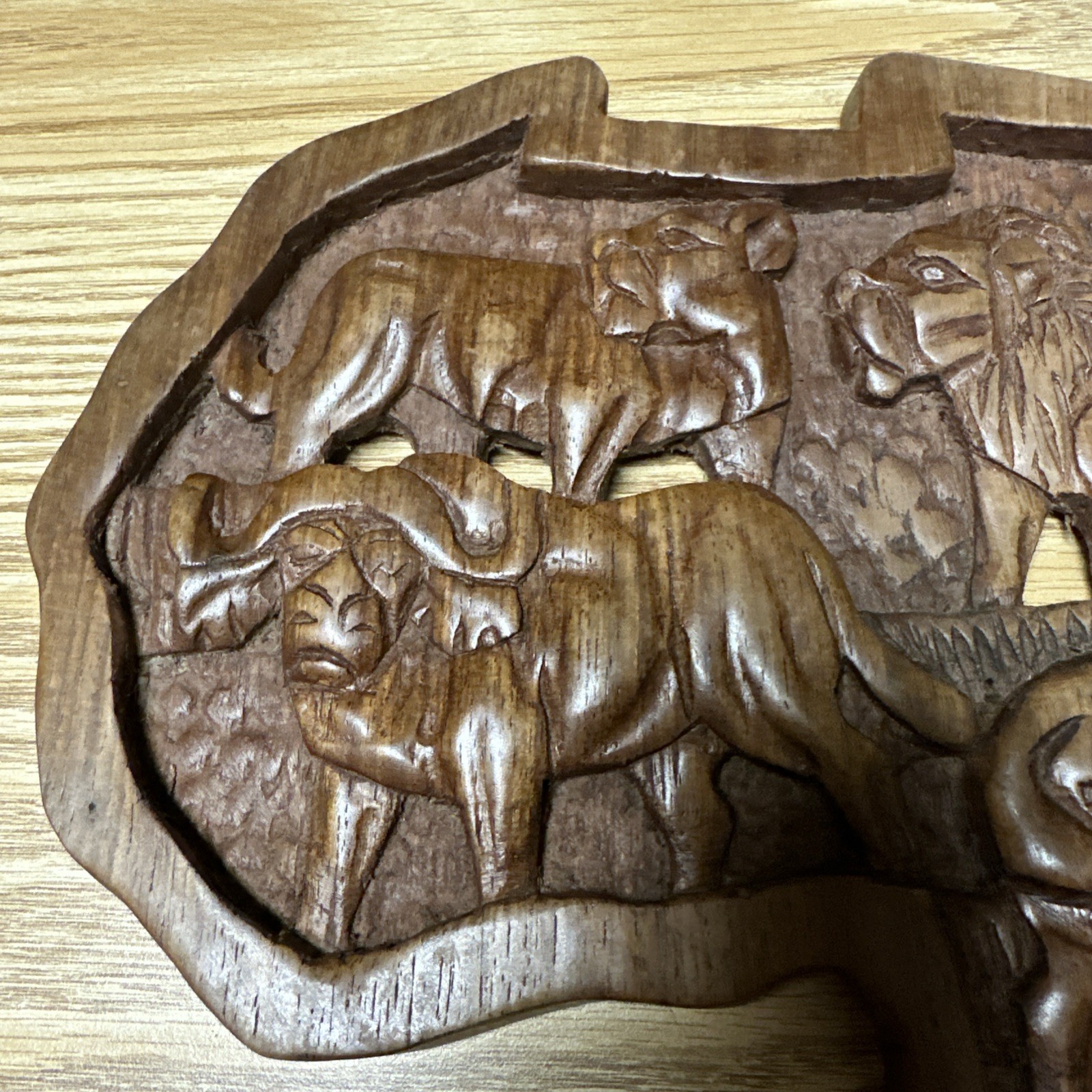 Big 5 Safari Hand Carved Wood African VTG Lion Elephant Rhino Unique Wall Art