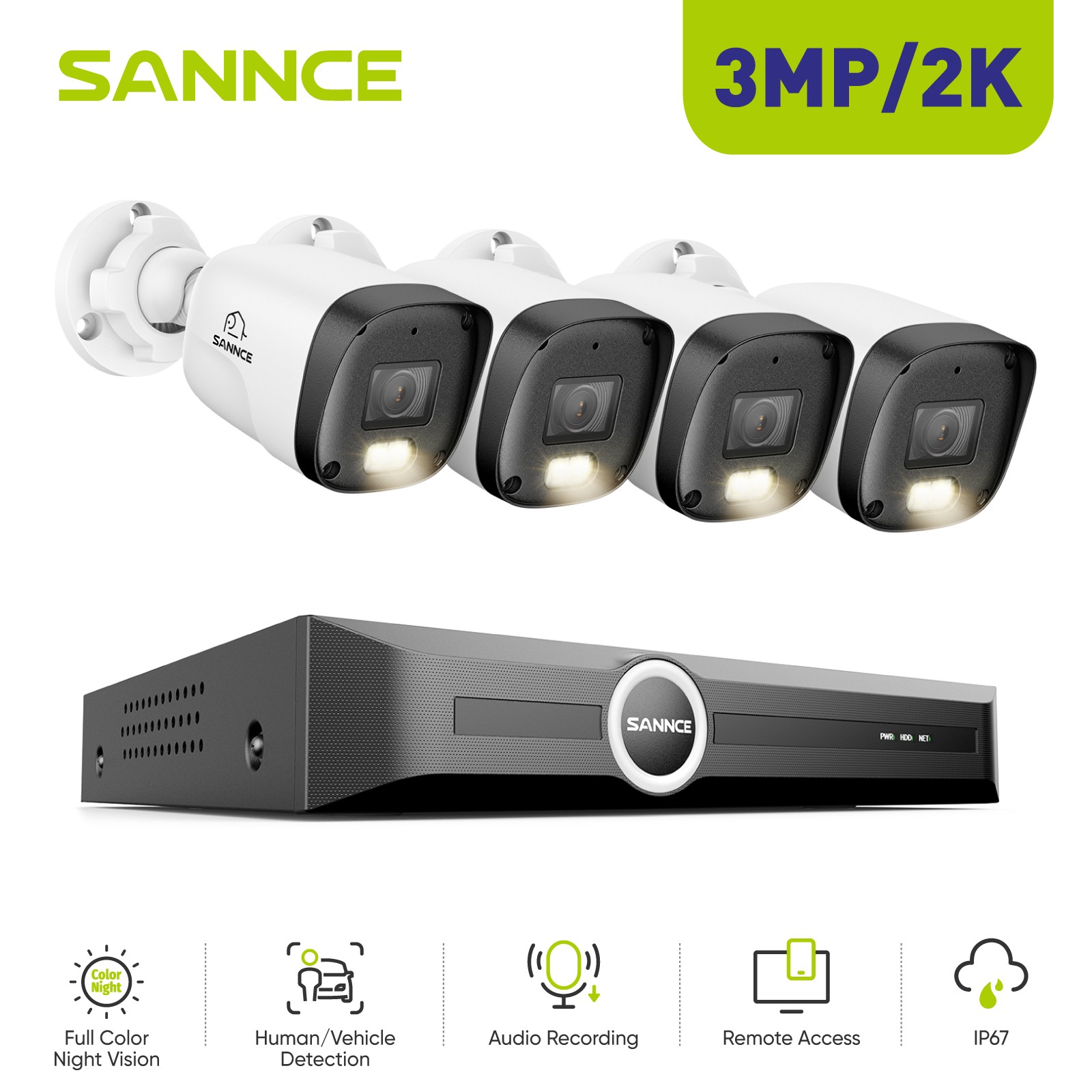 SANNCE 8CH NVR 2K Audio PoE IP Security Camera System Outdoor Color Night Vision