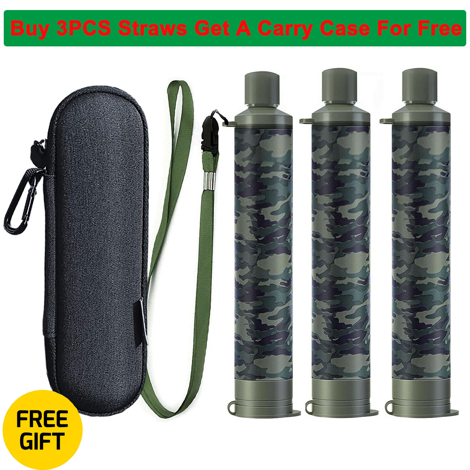 3xPortable Water Filter Straw Personal Water Purifier w/Carry Case Emergency Kit