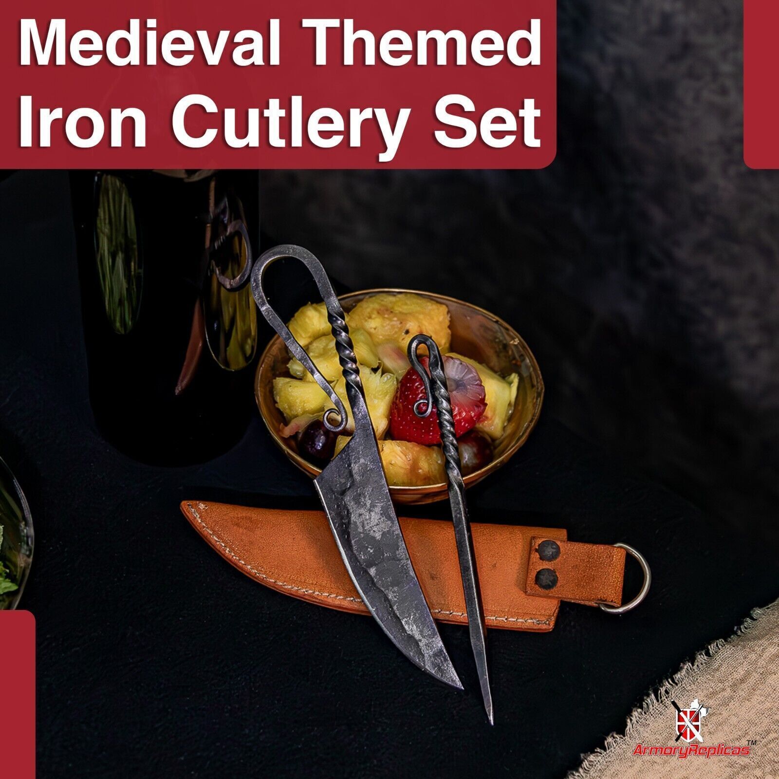 Forged Iron Functional Outdoor Camping Grilling Skewer & Knife Set w/ Sheath