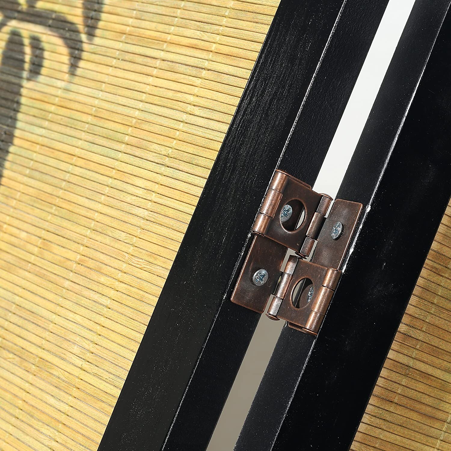 Decorative Chinese Calligraphy Design Black Wood & Bamboo 4 Panel Room Divider