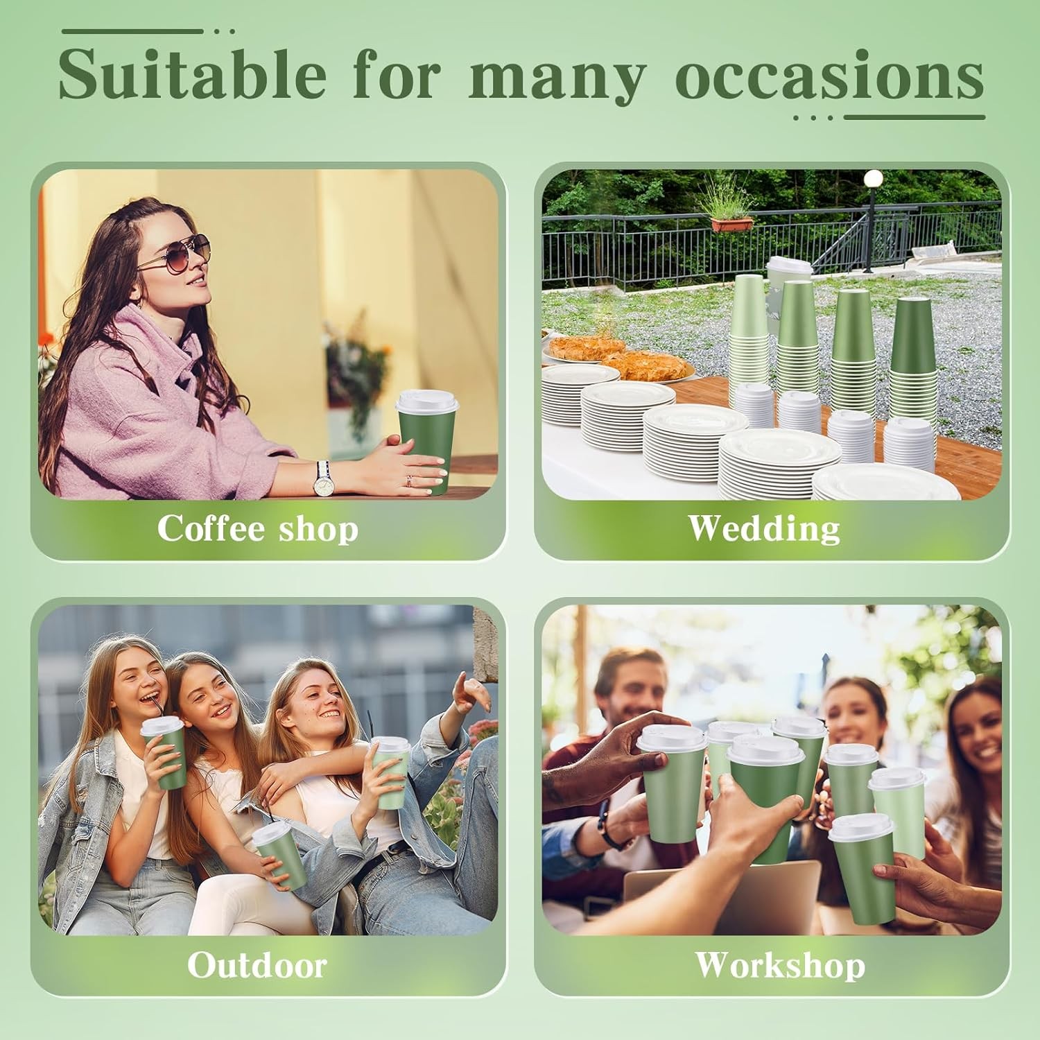 100 Count Paper Coffee Cups with Lids - Sage Green for All Occasions