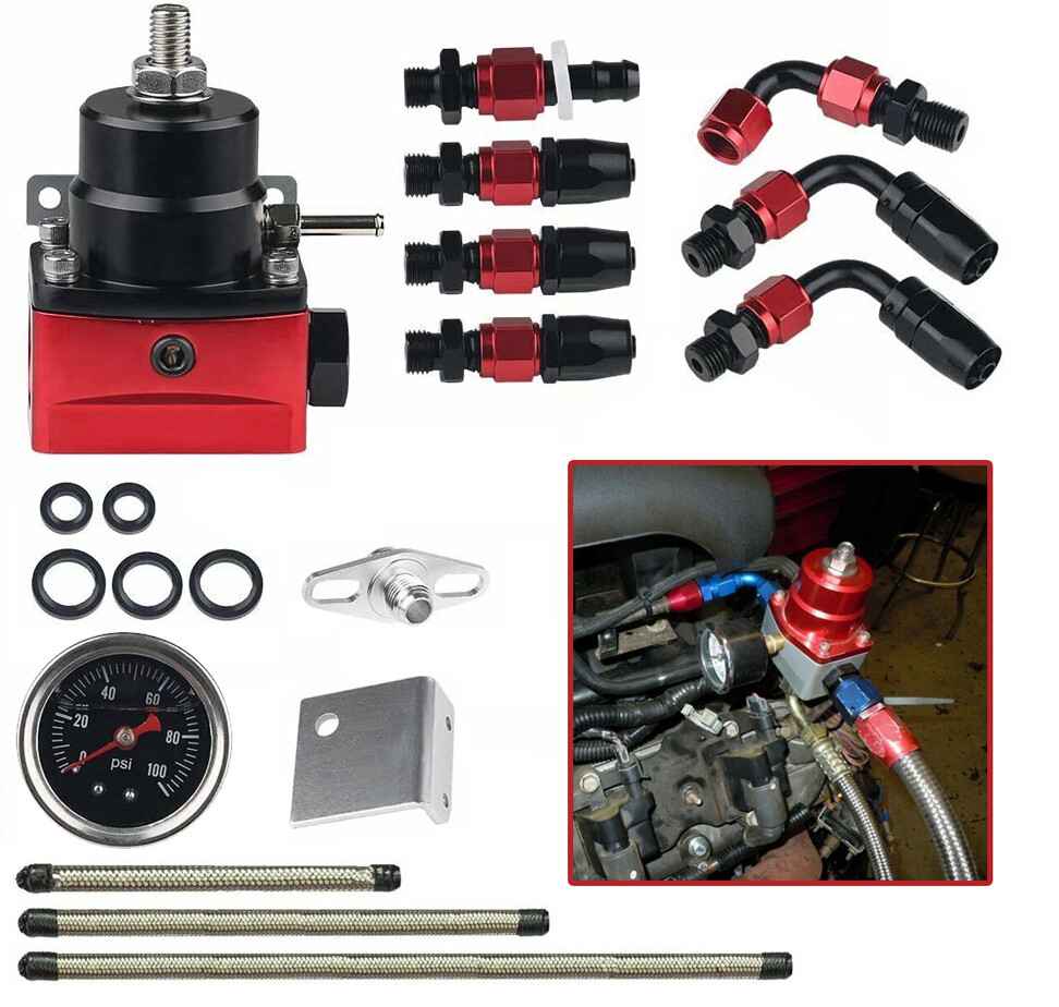 Black-Red Adjustable Fuel Pressure Regulator Kit Oil 0-100psi Gauge -6AN New