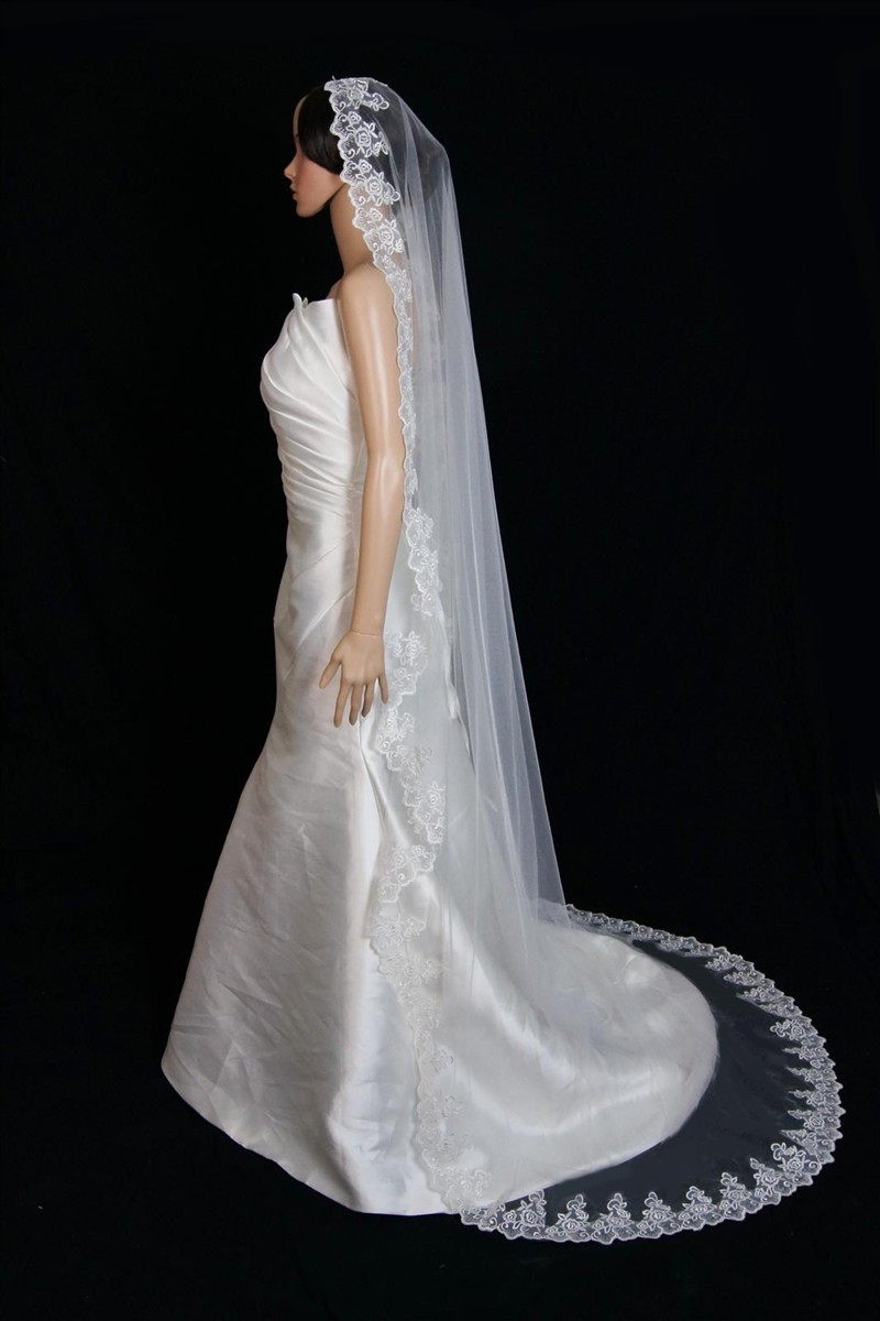 Bridal Wedding Mantilla Veil Ivory 1 Tier Long Cathedral Length With Lace Edge