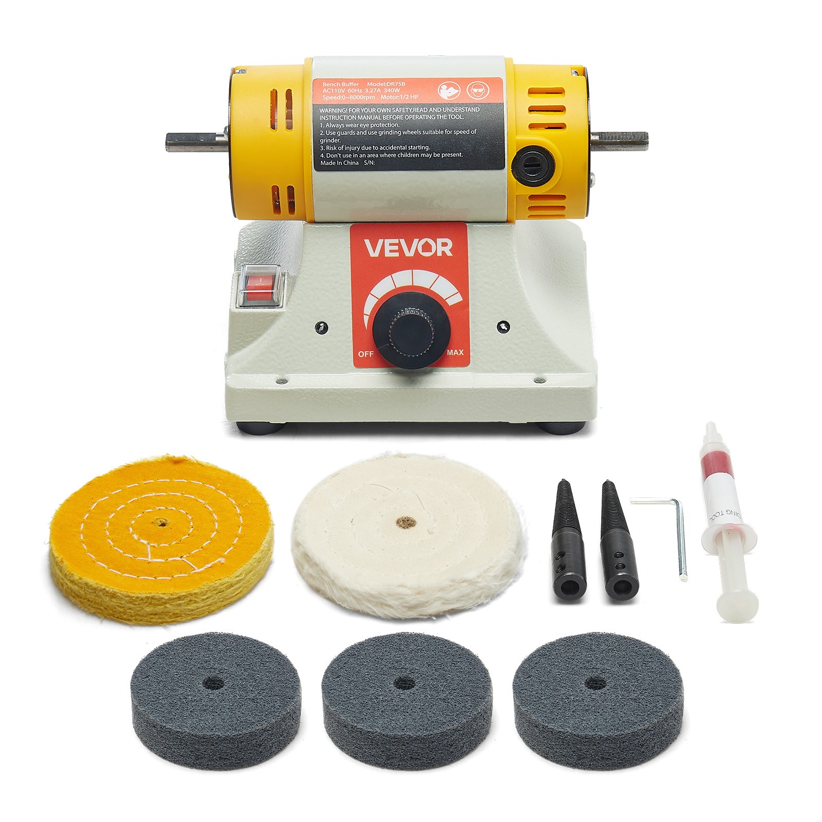 VEVOR 1/2HP Bench Buffer Polisher 0 to 8000RPM with 3-inch & 4-inch Wheels