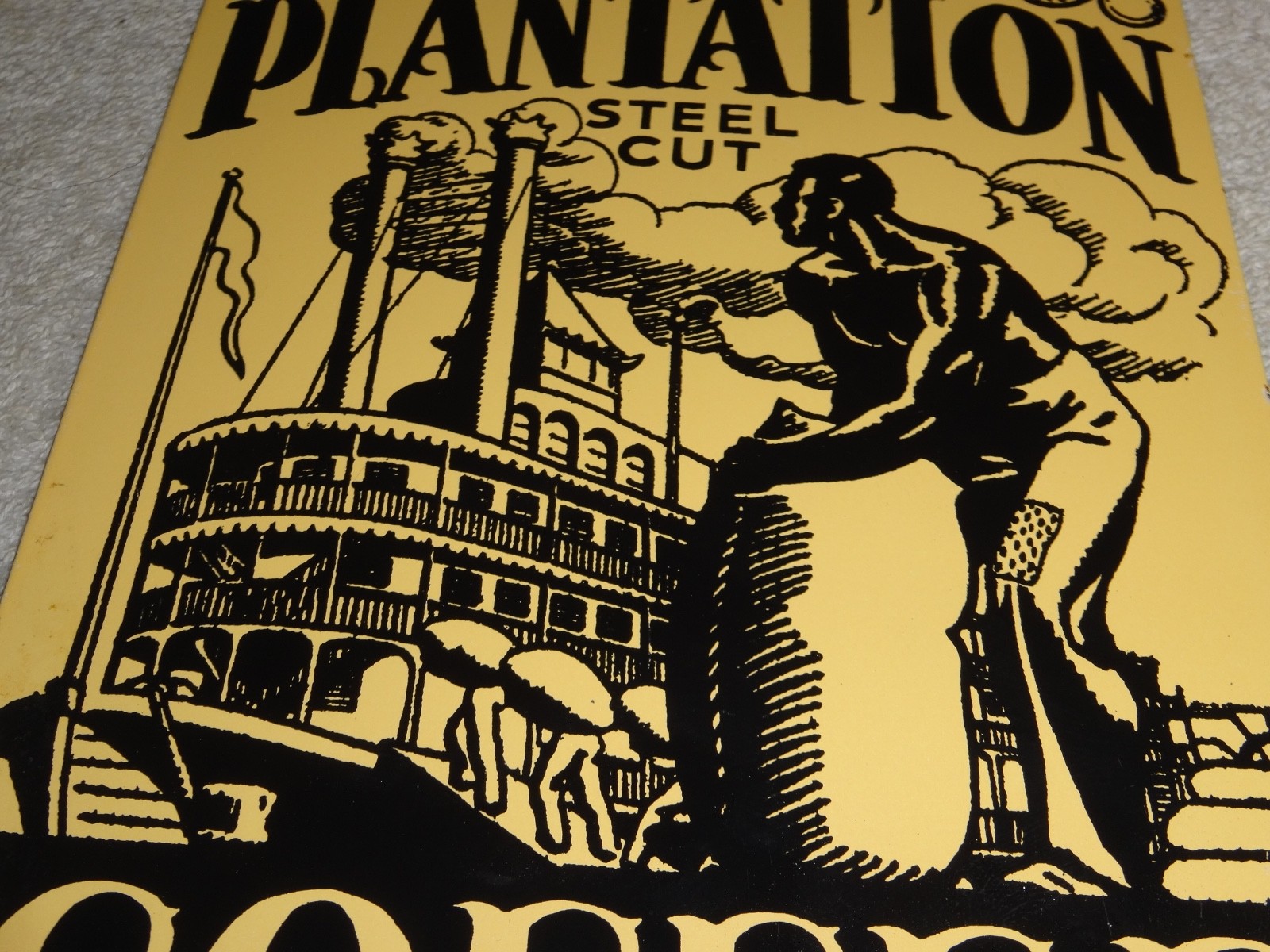 VINTAGE OLD PLANTATION COFFEE W/ PADDLE BOAT 10.5" PORCELAIN METAL GASOLINE SIGN