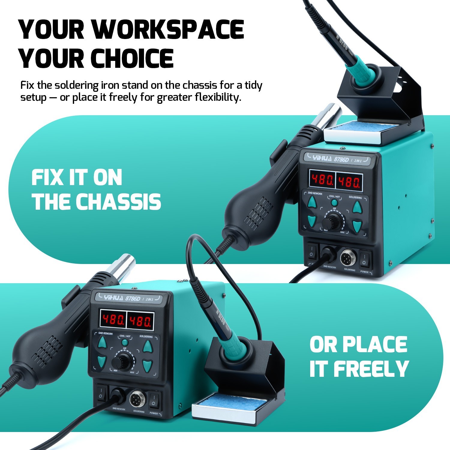 YIHUA 8786D-I Dual LED Digital Soldering Station with Hot Air Desoldering Rework