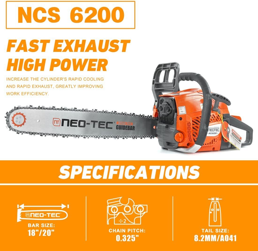 62cc Gas Powered Chainsaw with 20'' Guide Bar Saw Chain 2-Stroke Engine Cut Wood