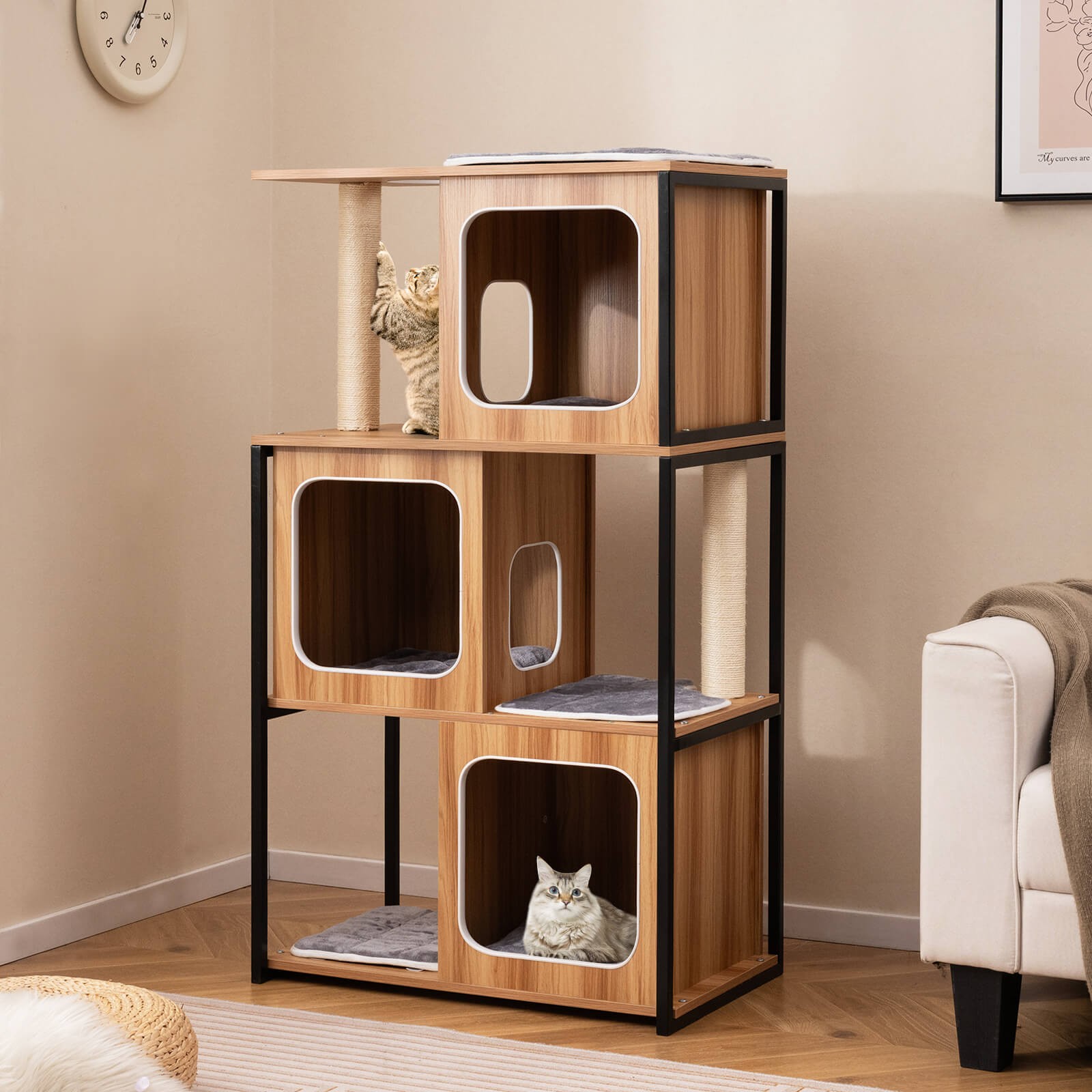 Modern Cat Tree for Indoor Kittens Cat Tower House w/ Metal Frame Large Platform