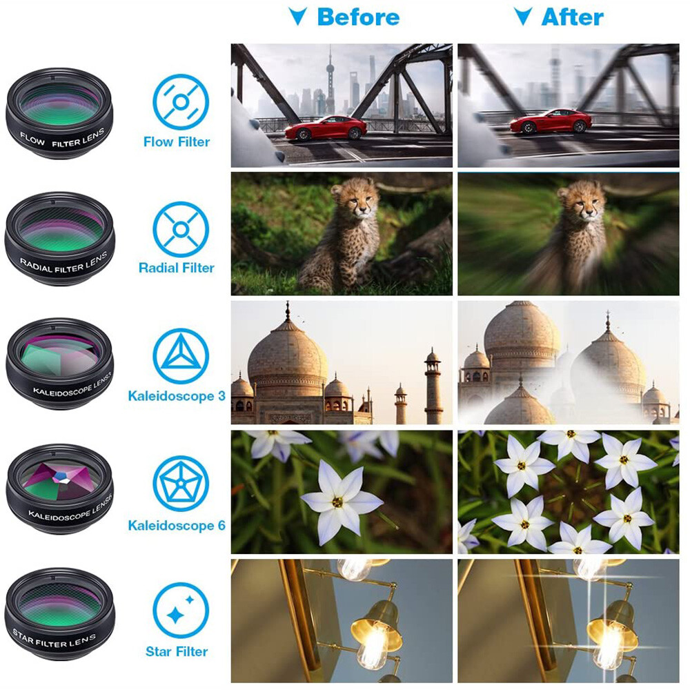 APEXEL 10in1 Phone Camera Lens Kit Fisheye WideAngle 2X Telescope Lens for Phone