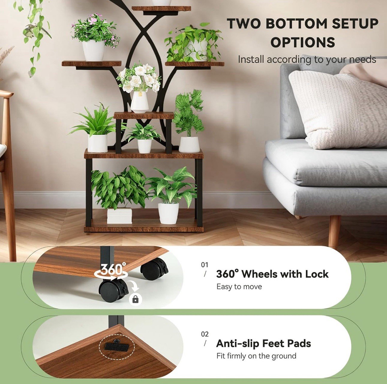 62" Indoor Plant Stand with Grow Lights 8 Tiered Display Shelf for Home Garde