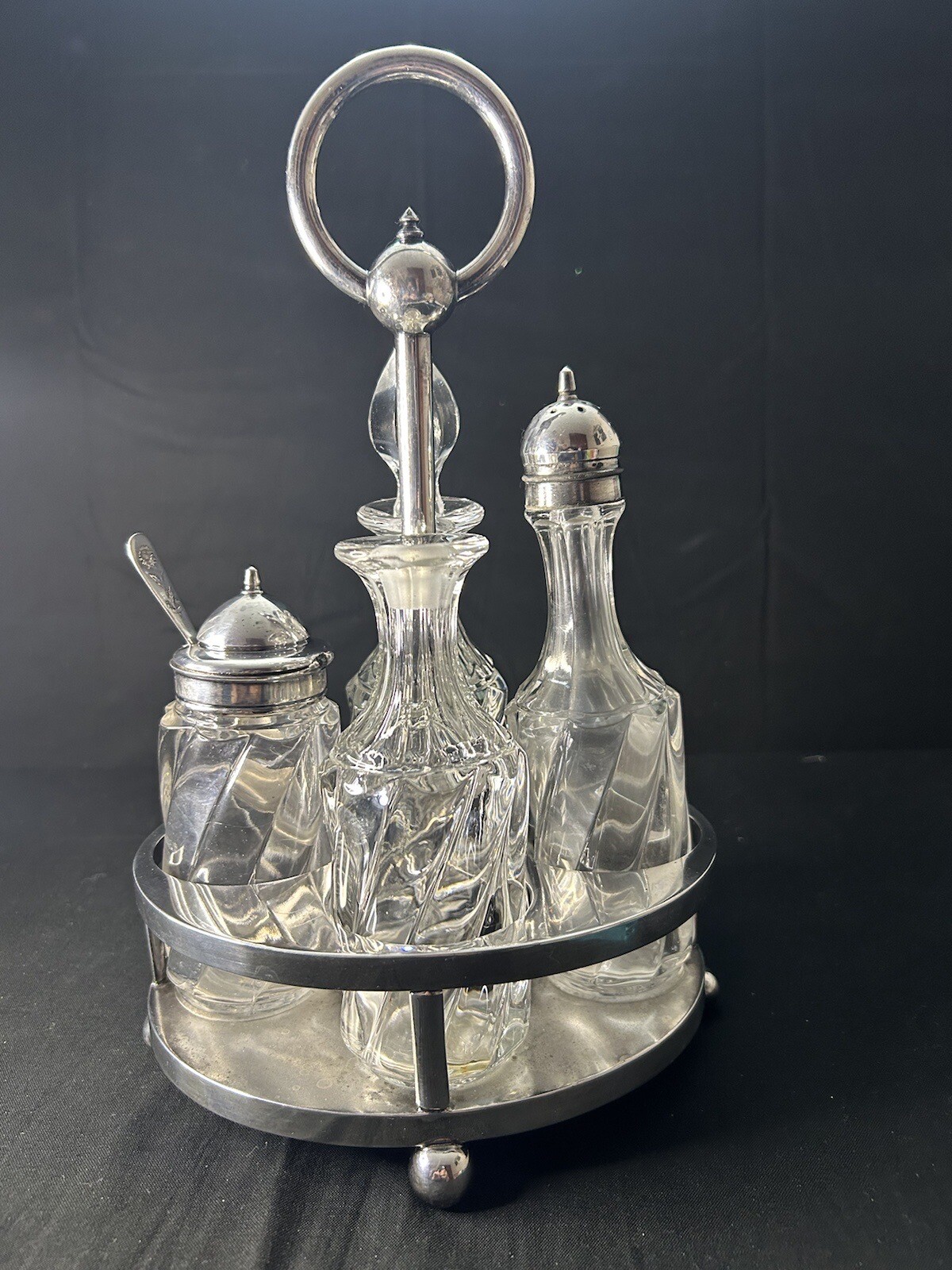 RARE Antique Manganese Glass Cruet Set Meriden Quadruple Plate Caddy c1900 READ