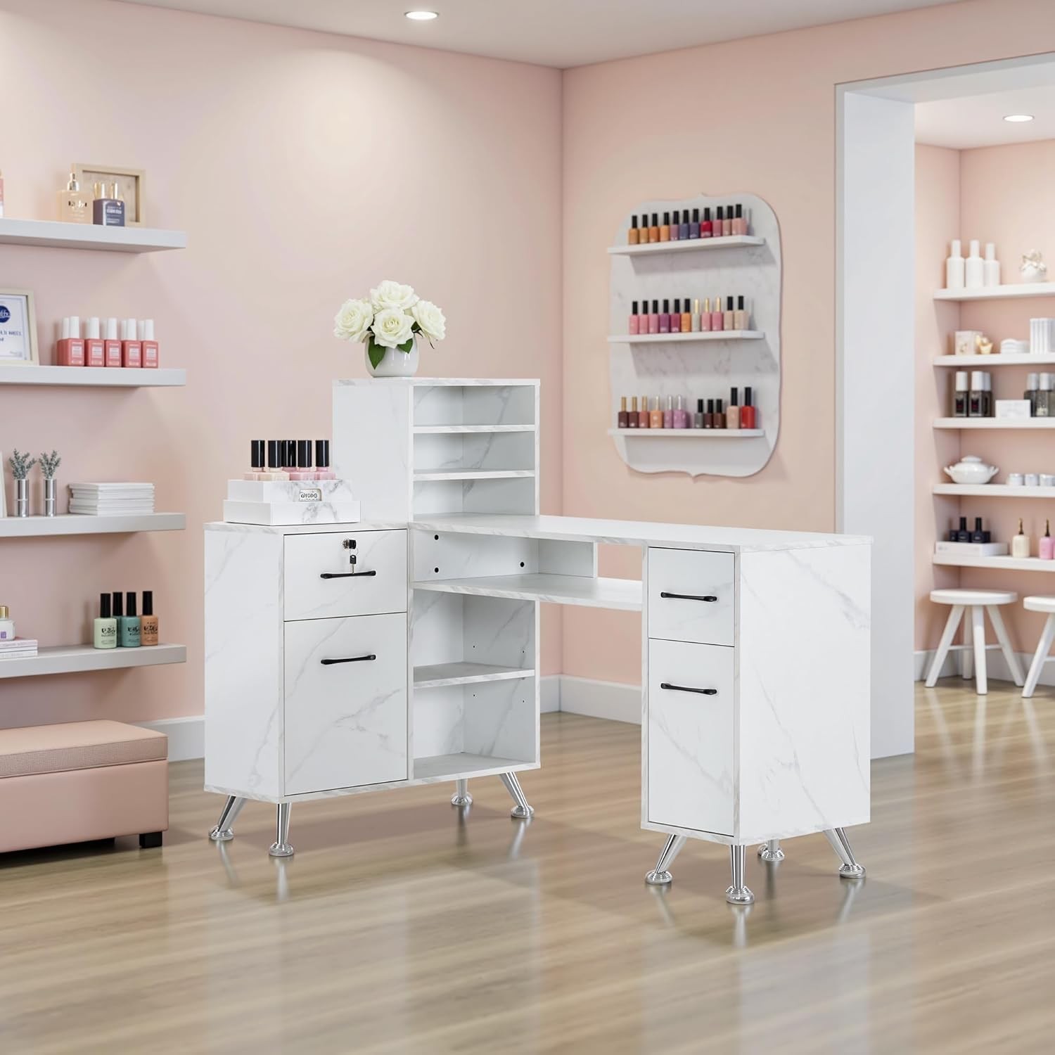 L-Shaped Multi-functional Storage Manicure Table, Beauty Nail Desk, Makeup 2866