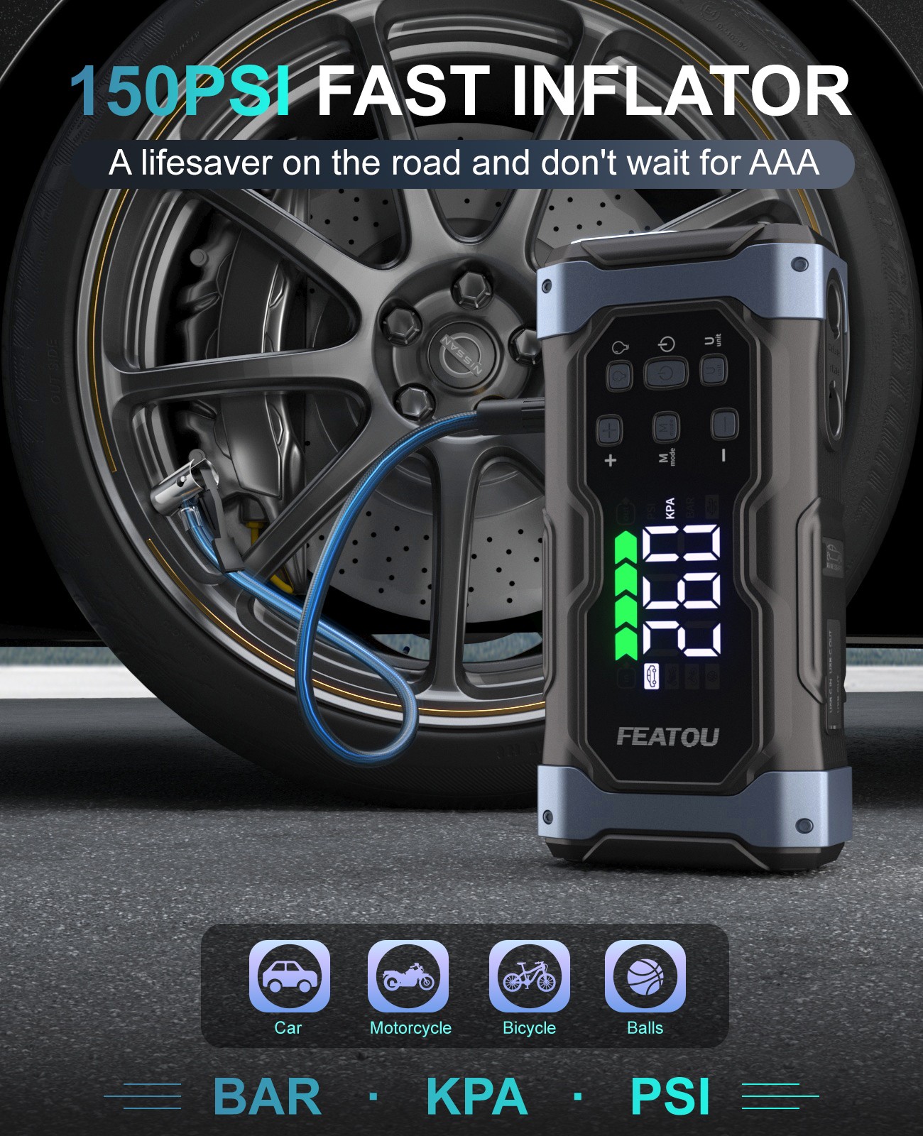 9000A Car Jump Starter Air Compressor Tire Inflator Battery Booster Charge +Case