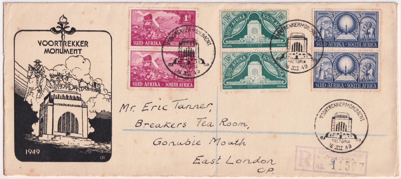 Voortrekker Monument Registered Cover Pretoria Inauguration 1949 South Africa