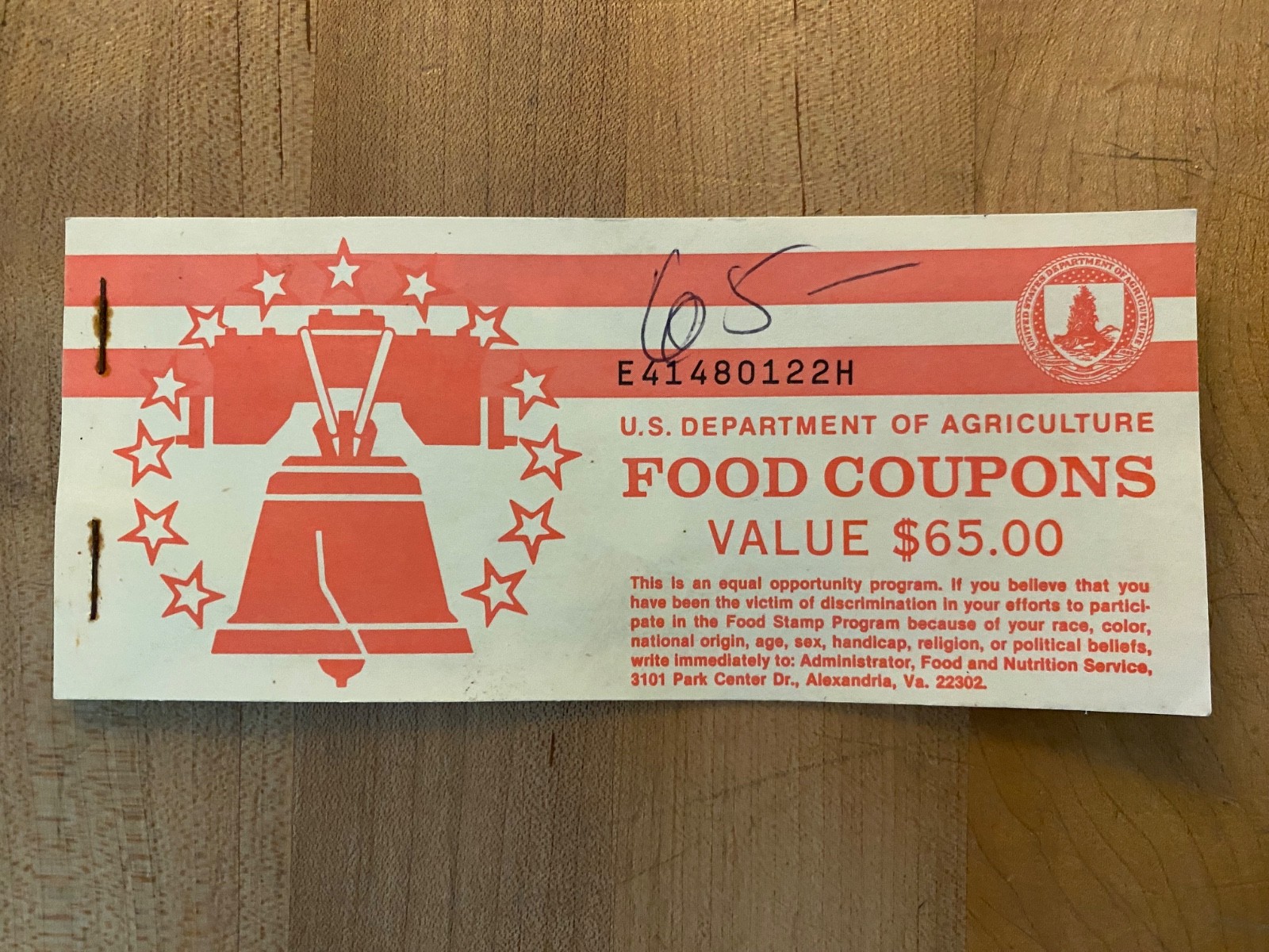 $65.00 - Food Stamp Coupon Book With TWO (2) $10.00 Coupons from 1994, M/C "H".