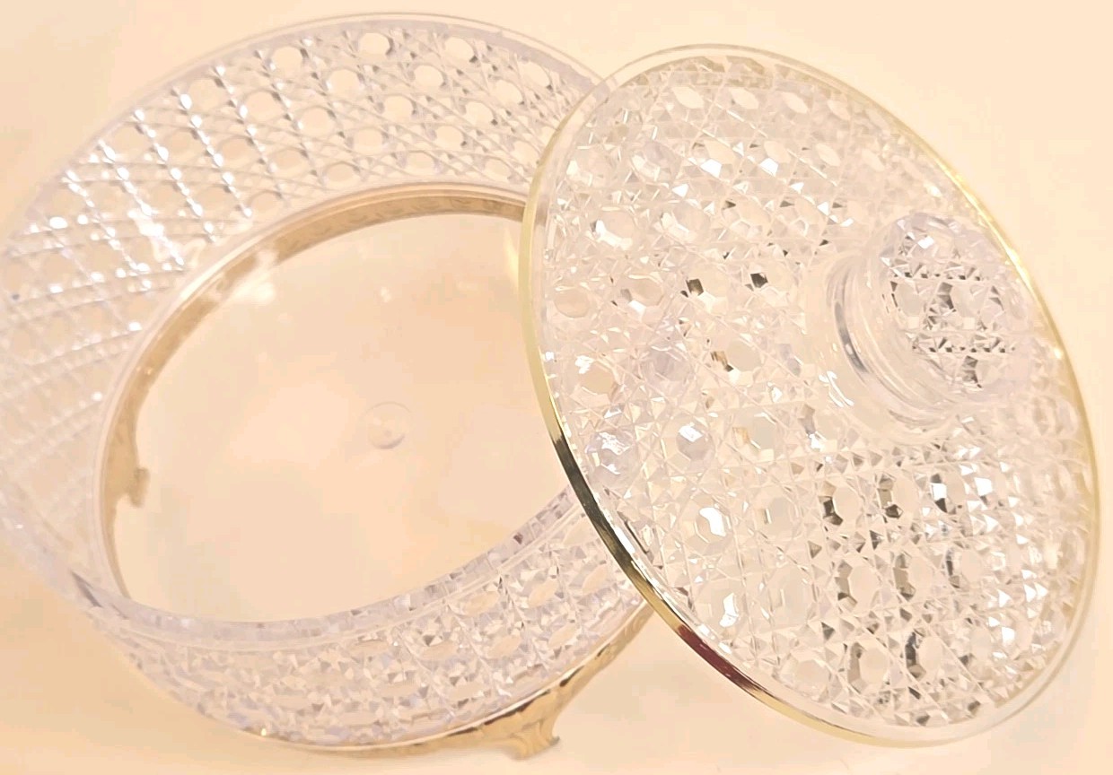 Vintage Avon Powder Box Hollywood Regency Cut Crystal Plastic w Red Puff Vanity