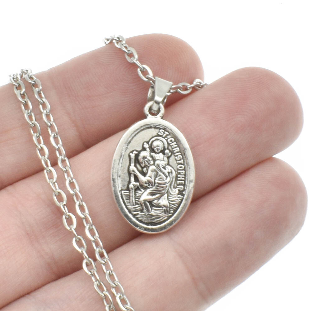 Saint St Christopher Protect Us Oval Silver Medal Pendant Necklace 18" Chain