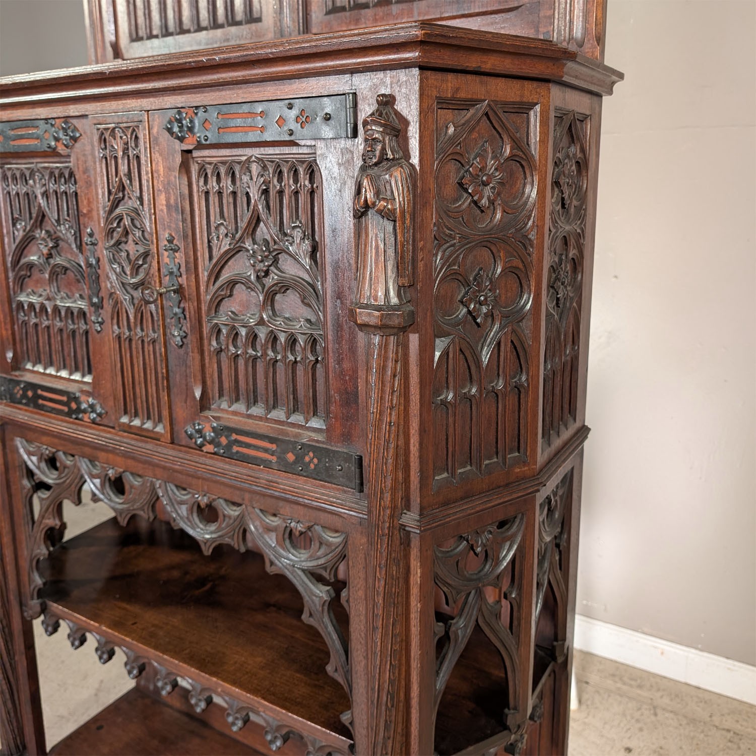 Premium Quality Antique French Gothic Carved Walnut Cabinet Pedestal