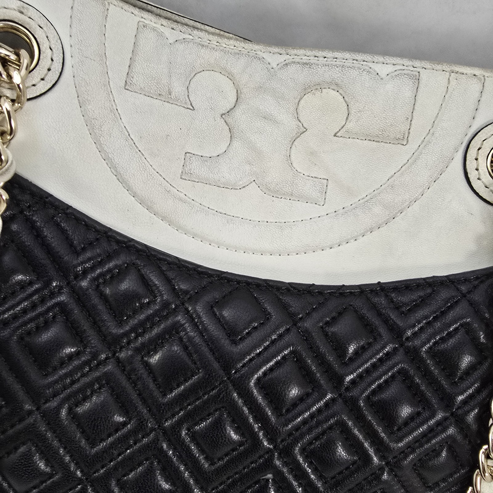 Tory Burch Fleming Quilted Leather Tote Black Ivory Chain Shoulder Bag