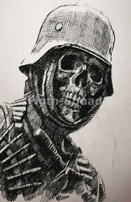 WW2 Picture Photo German Soldier Skull Helmet Drawing  5005