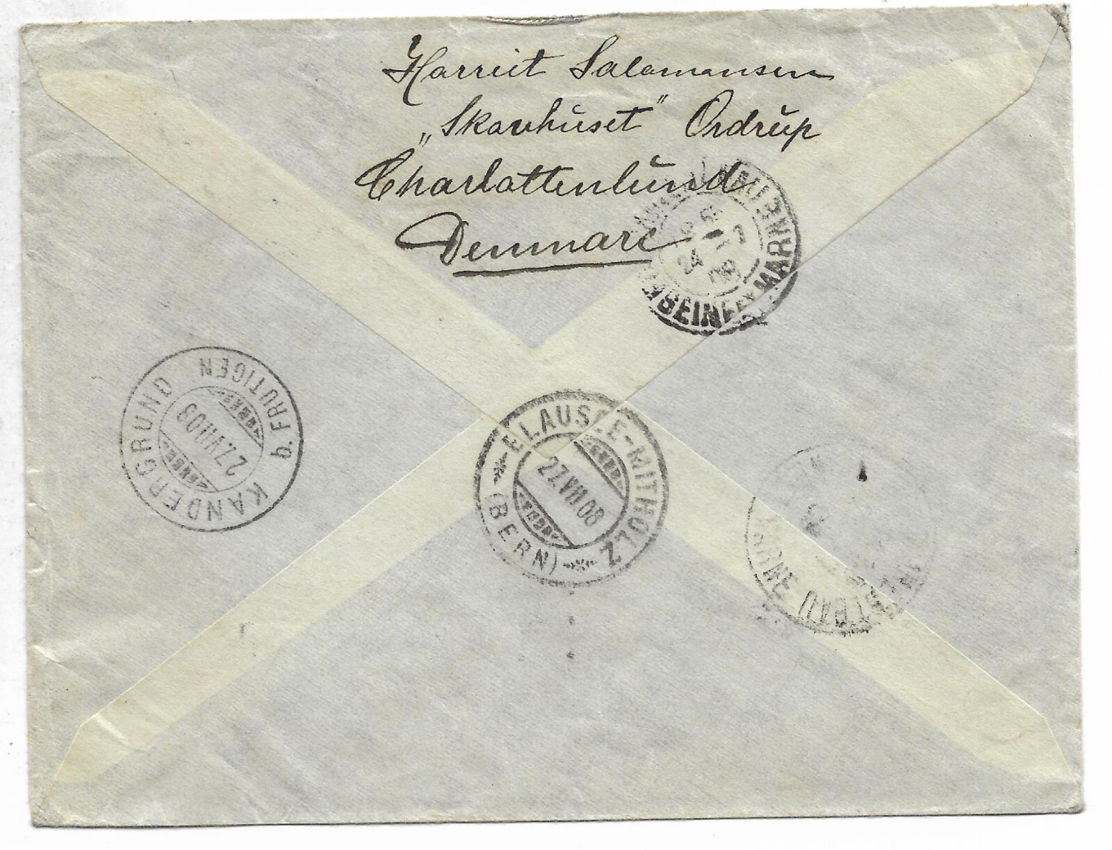 DENMARK to SWITZERLAND Re-Sent Cover 1908 VF CHARLOTTENUND cancel
