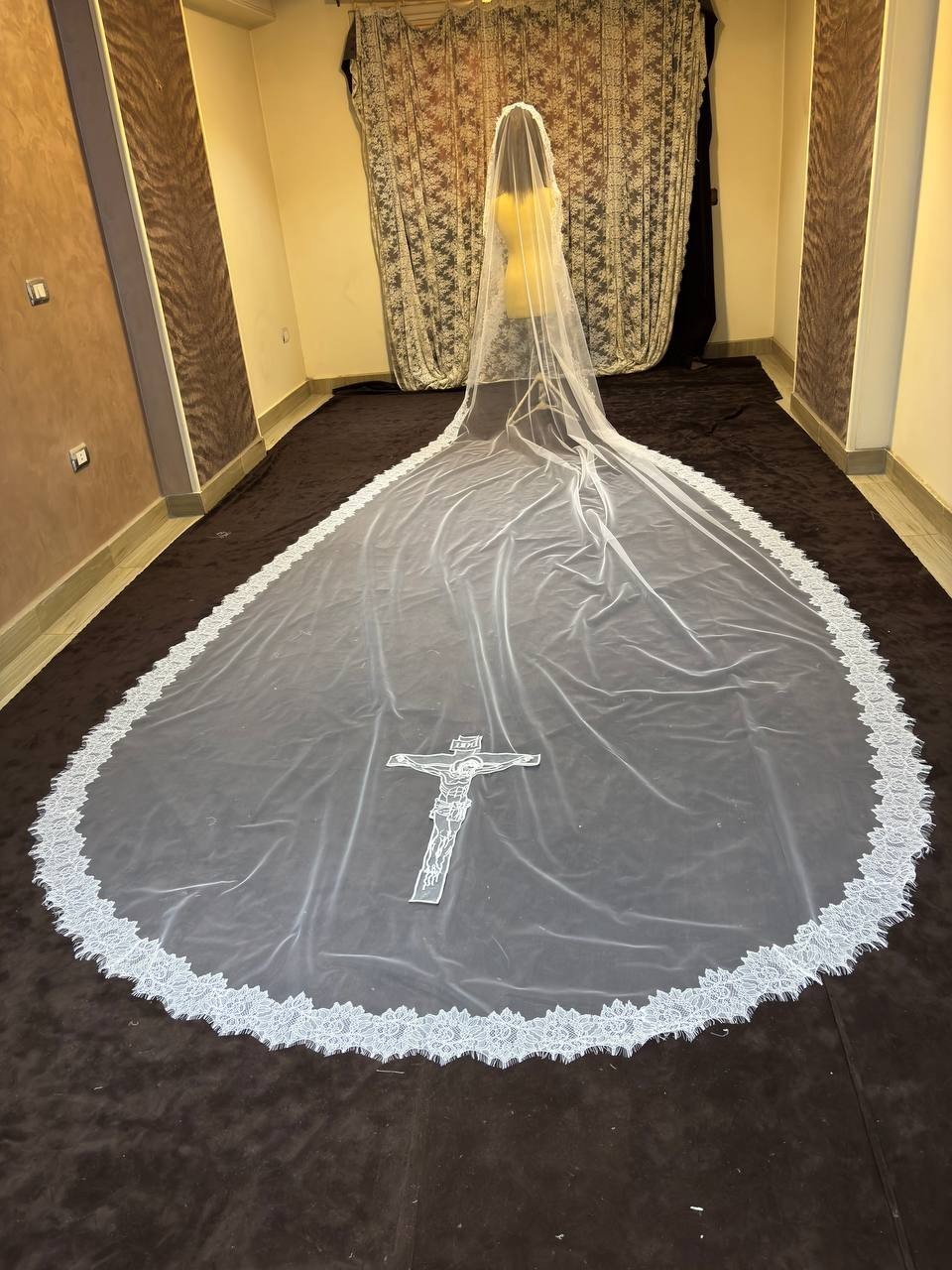 Wedding veil with Lace applique edge Jesus Cross